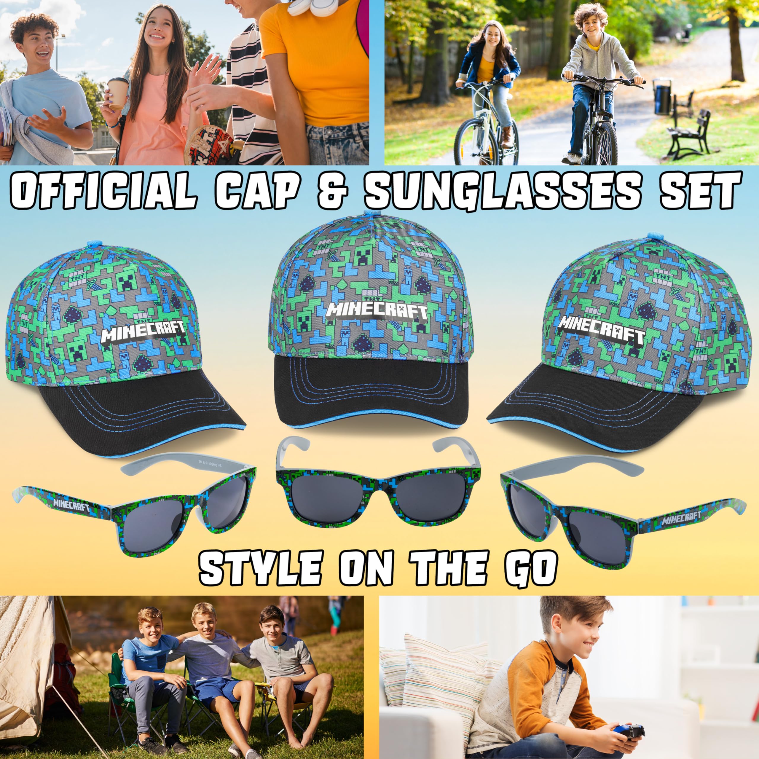 Pokemon | Minecraft | Super Mario | Fortnite Gorra Niño con Gafas de Sol Niño UV400 Set, Gorra Infantil, Accesorios de Verano, Regalos Niños
