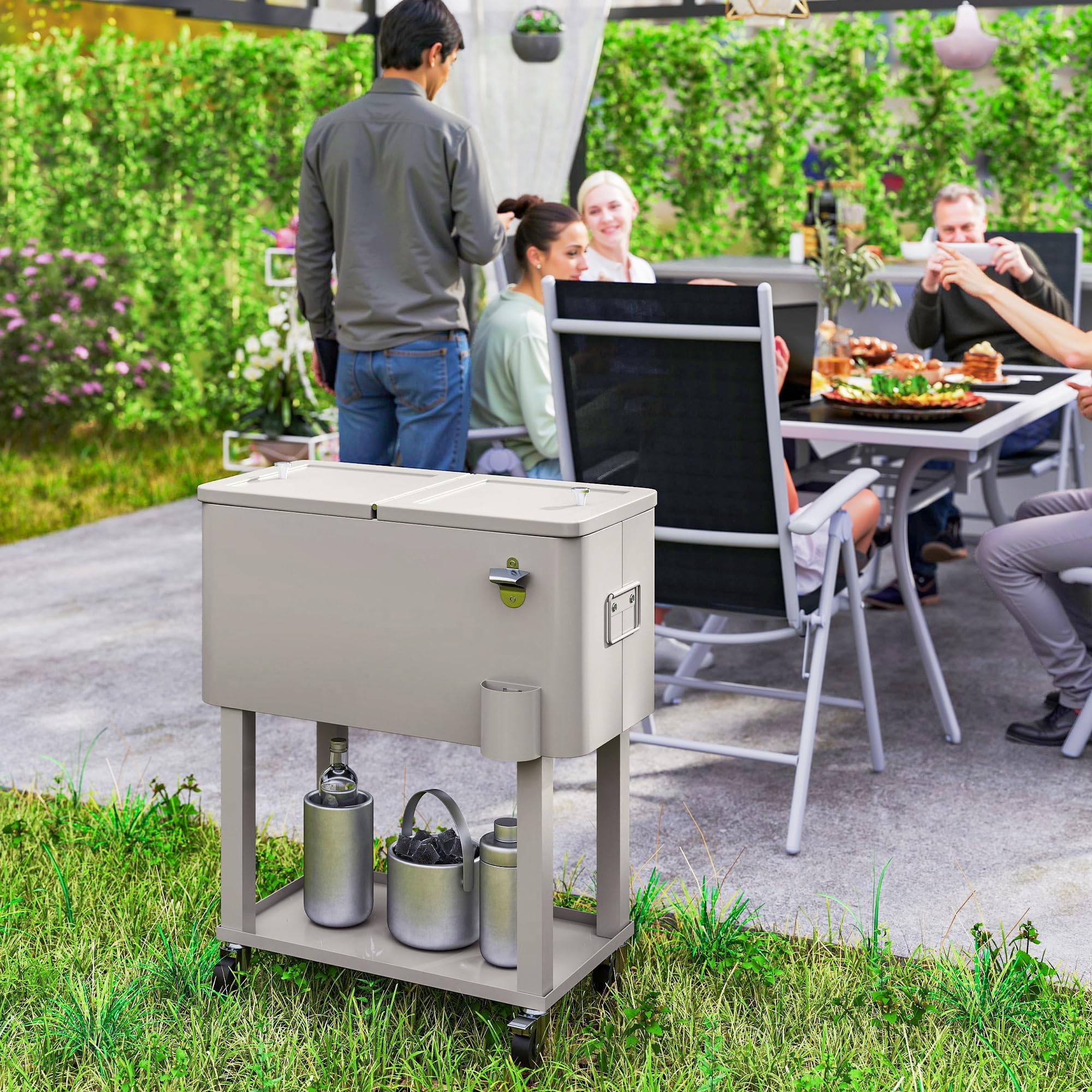 Outsunny Carro de Bebidas Refrigerado 56L Carro Nevera con Ruedas Abrebotellas y Estante para Patio Fiesta Terraza 67x35x80 cm
