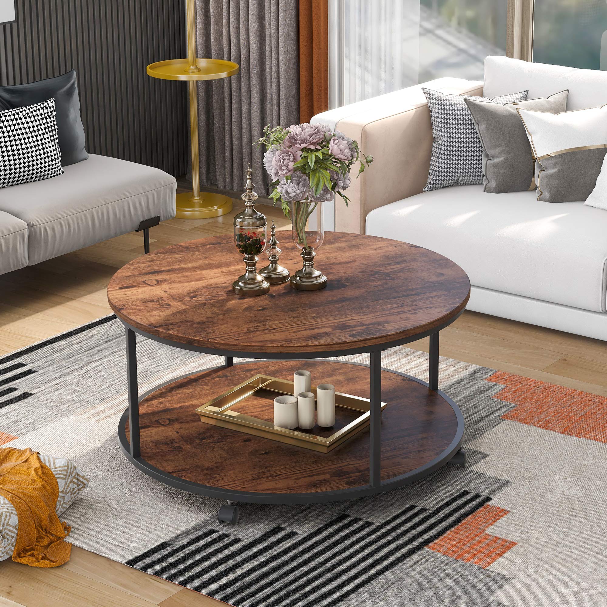 Buy Knocbel Industrial Round Coffee Table on Wheels for Living Room