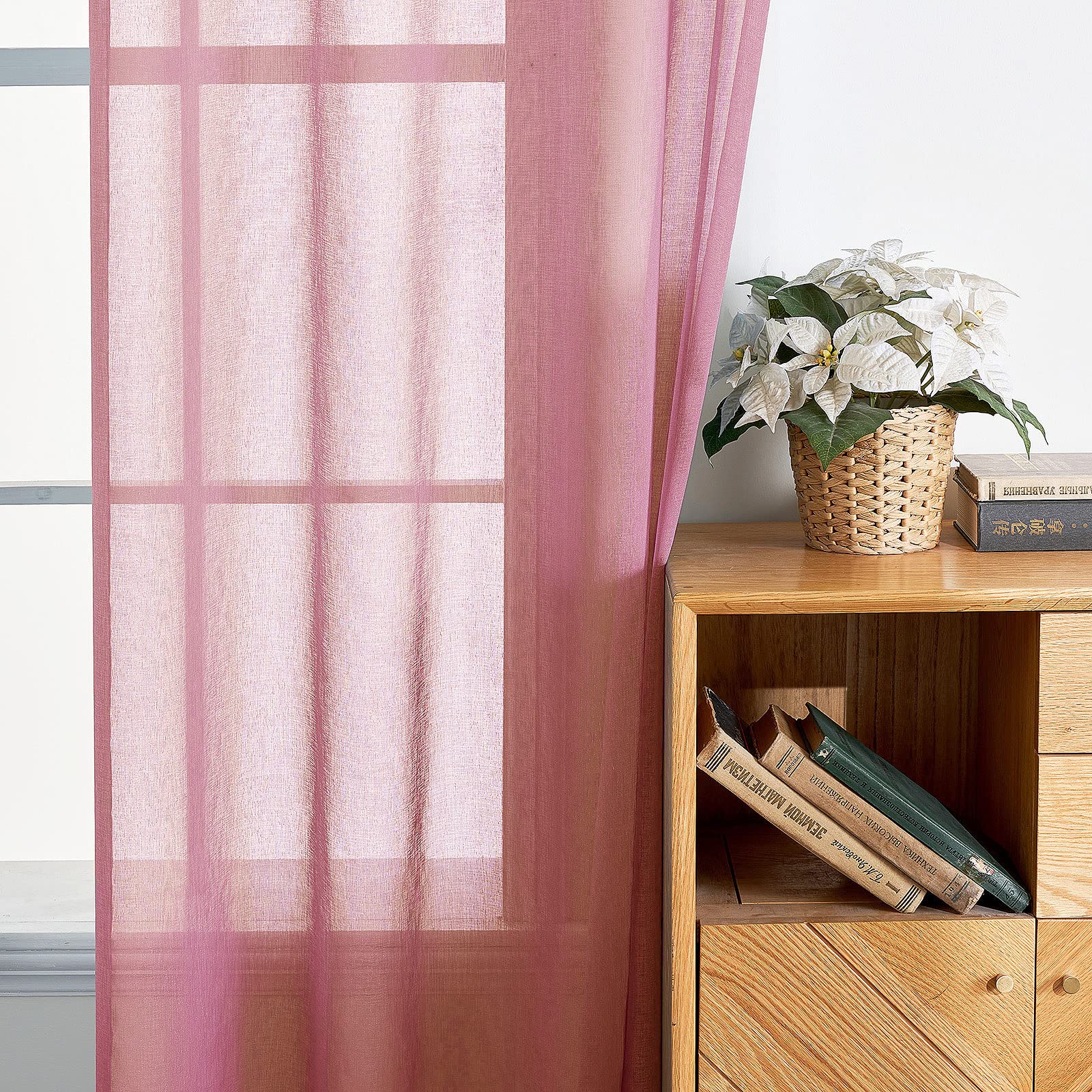 EMEMA Kleur Pure Transparante raamgordijnen, glad, Panelen, Raamvitrage, Gordijnen, Elegante behandeling voor Slaapkamer, Woonkamer, Gordijnen met ringen, 2 panelen, 140 x 245 cm, Babyroze