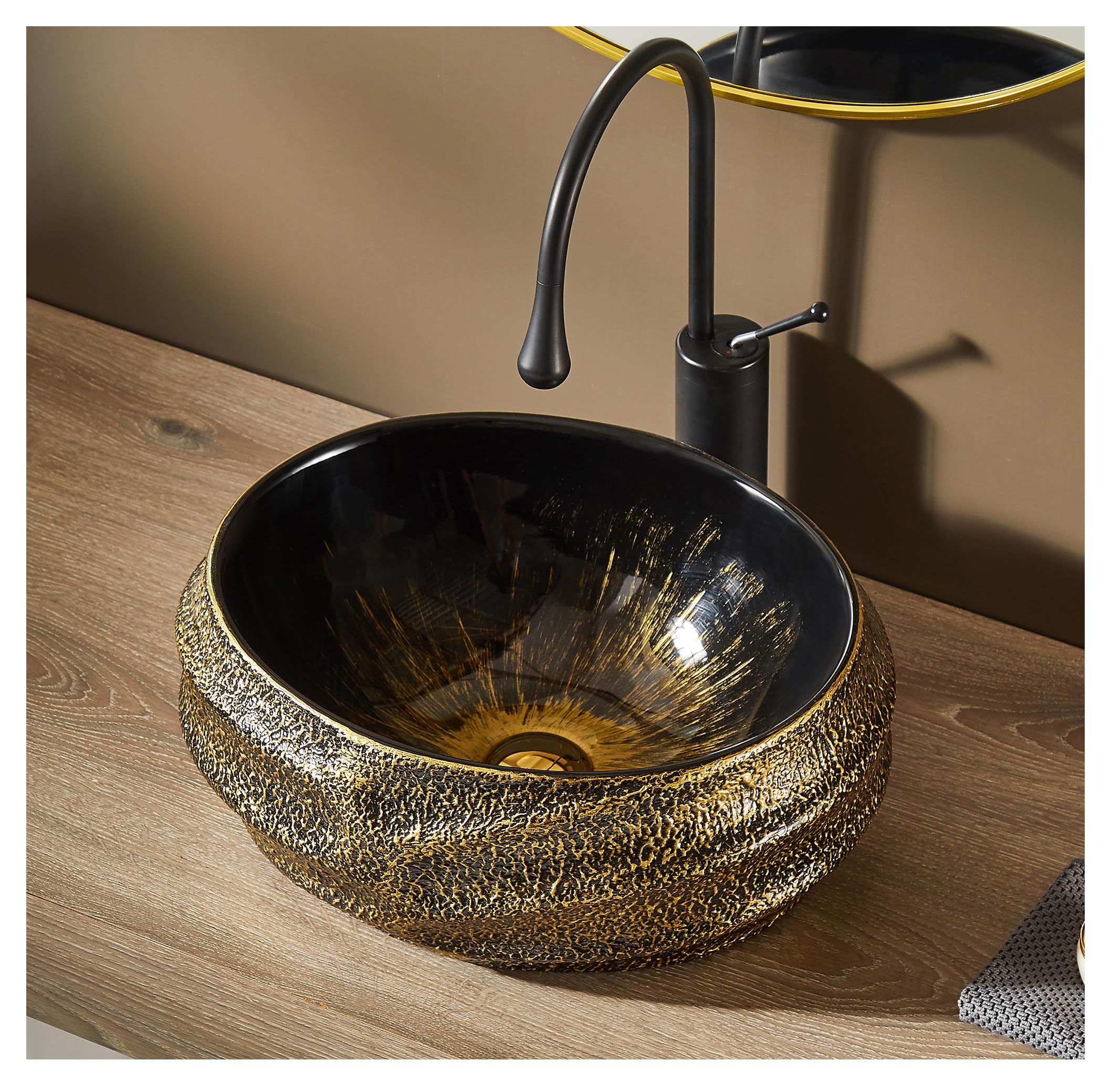 MEJE 45x40cm Oval Bathroom Vessel Sink, Antique Pattern Design, Above Counter Art Basin,Porcelain Ceramic Countertop Vanity Sink, Vintage Gold (Include pop up Drain)