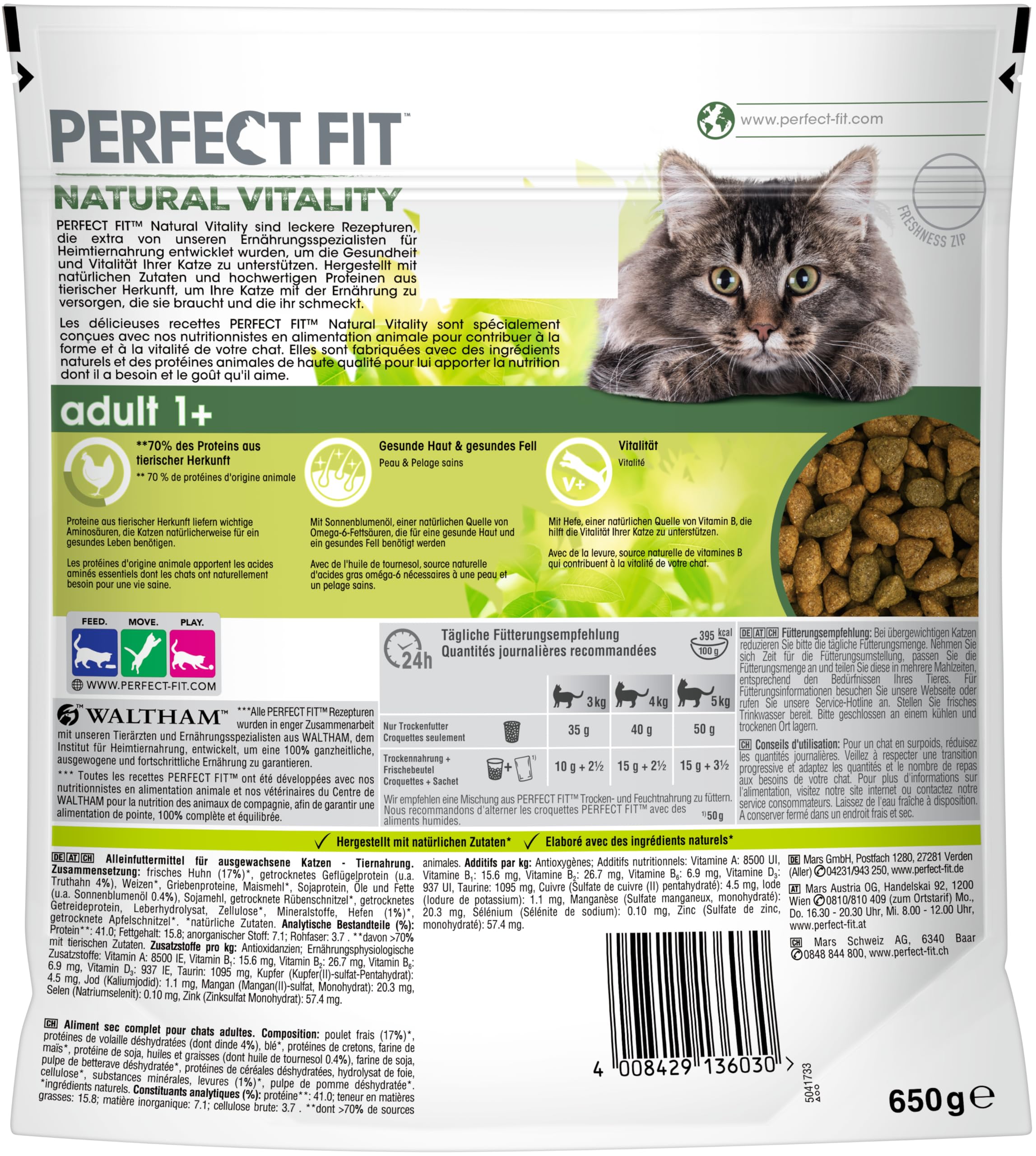 Borsa per gatti Natural Vitality Adult 1+ con pollo e tacchino, 650 g