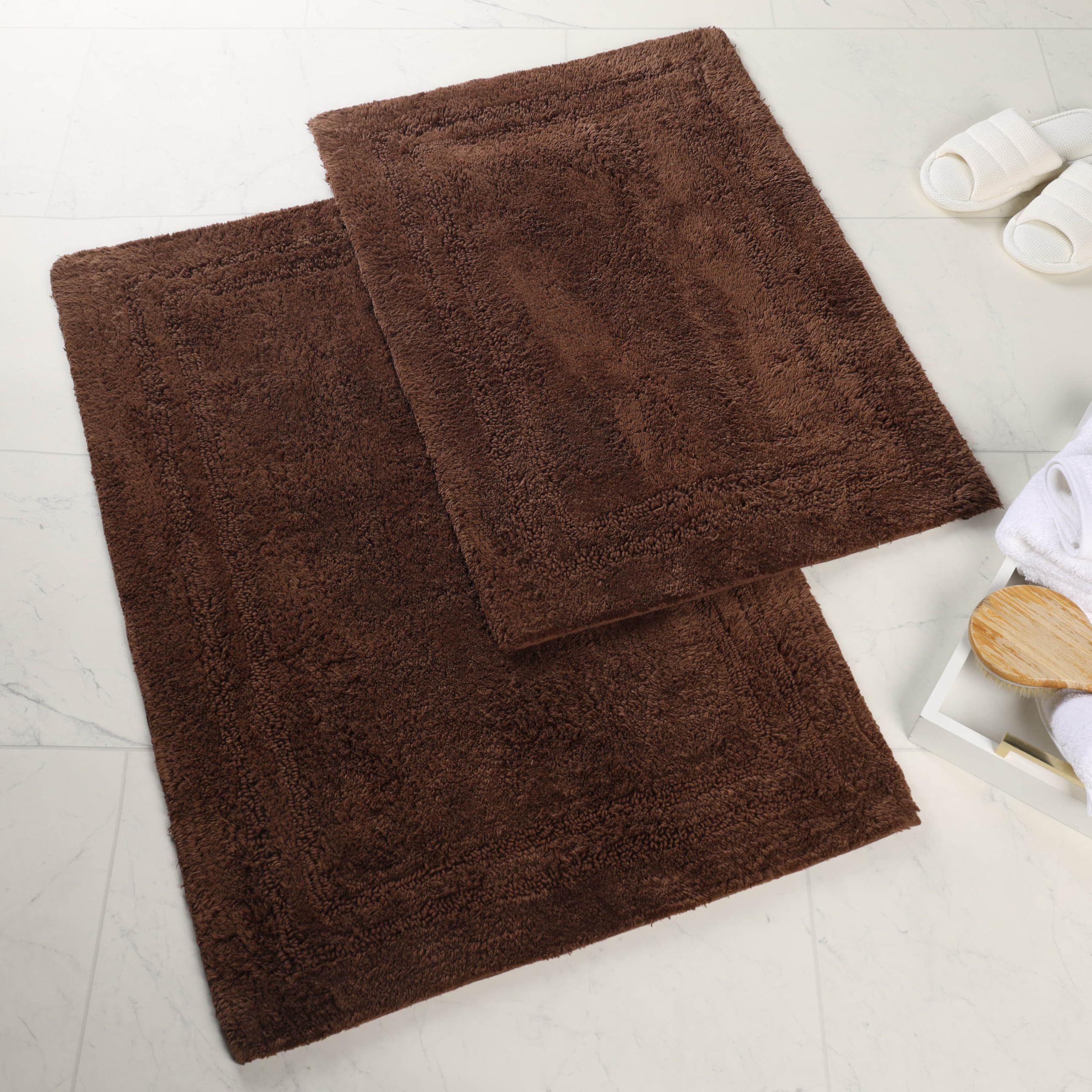 Superior Non-Slip 2 Piece Bath Rug Set, Ultra Plush, Soft, and Absorbent 100% Combed Cotton Pile - Traditional Oval Bath Mat Set, Chocolate