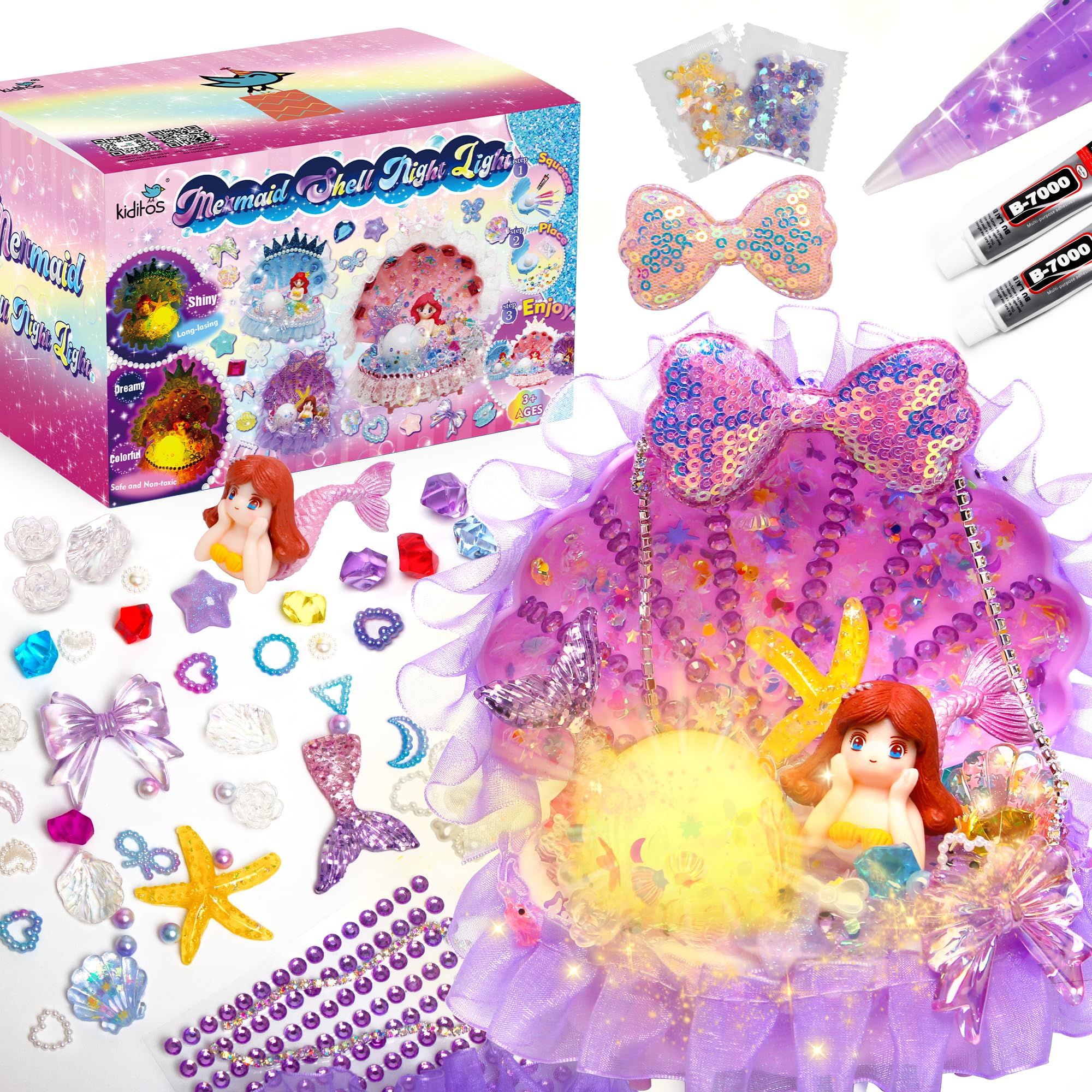 KiditosMermaid Shell Night light DIY Toy Kit with Flash Themed Accessories,Make Your Own Mermaid Night Light, Arts and Crafts for School Activity,Ideal Bedroom Decor &Birthday Gifts for Girls age 3+