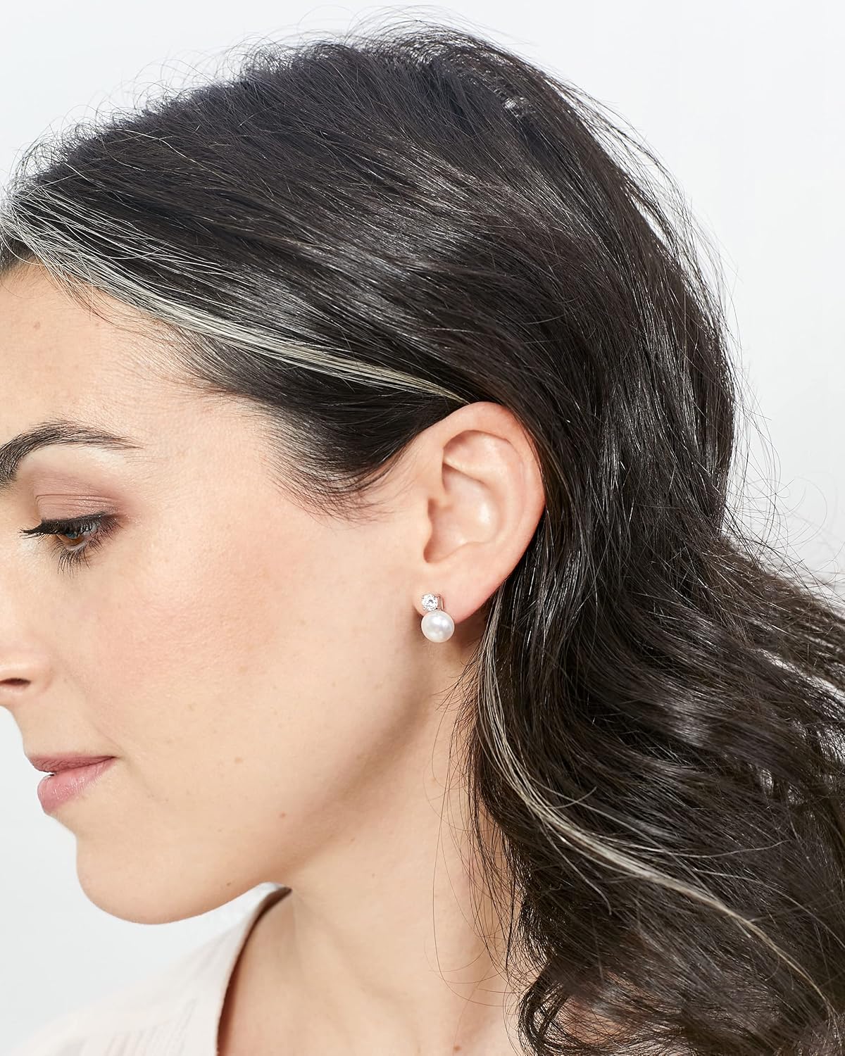 Women Pearl Stud Earrings, Fresh Water Cultured Pearls Button Shape with a Zirconia Stone Secret & You | Sterling Silver 925 Rhodium Plated with big backs or Omega.