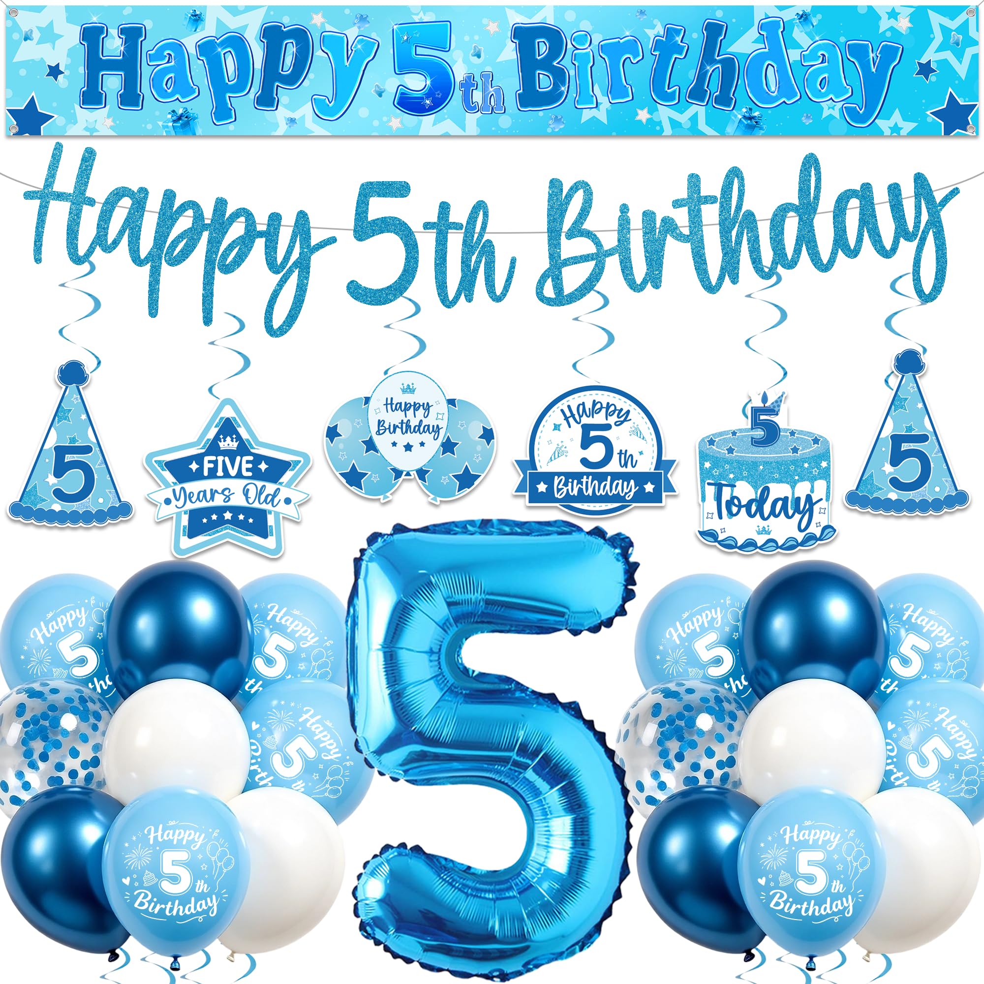 5th Birthday Decorations for Boys, Blue 5 Years Old Party Supplies