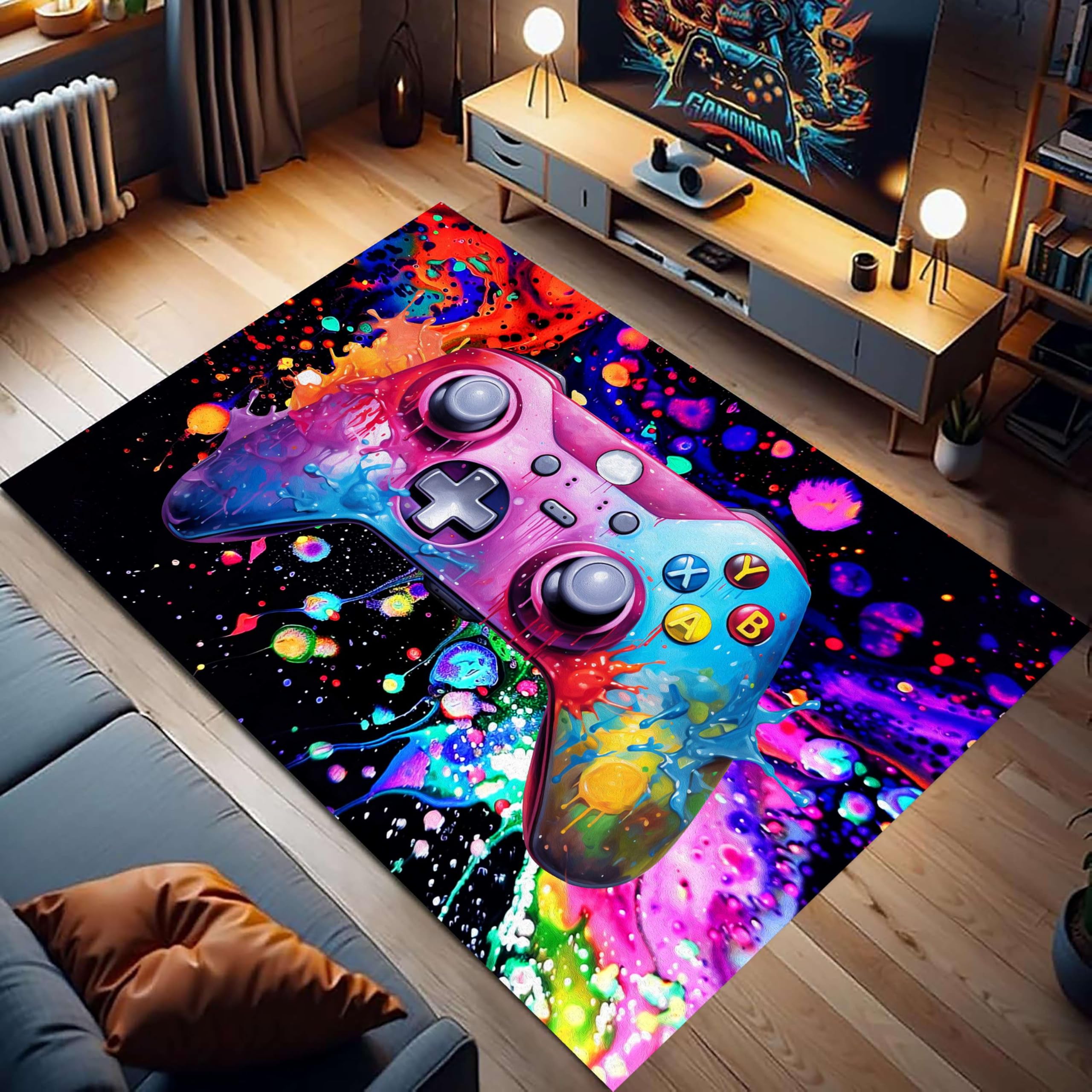 Gamer Gaming Teppich, 100x150cm, Pink-Blauer Gaming Teppich, Abstrakter Doodle-Gamepad-Teppiche, Bodenmatte Großer Fußmatte für Spielzimmer, Kinderzimmer, Wohnzimmer, Schlafzimmer