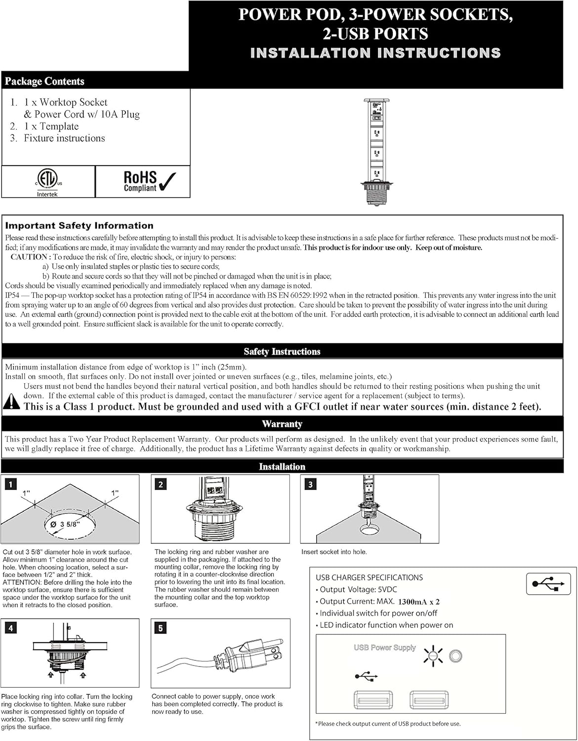 Limited Discount Transolid SA80051BK Sensio Pop Up Power & Charging Station, Black