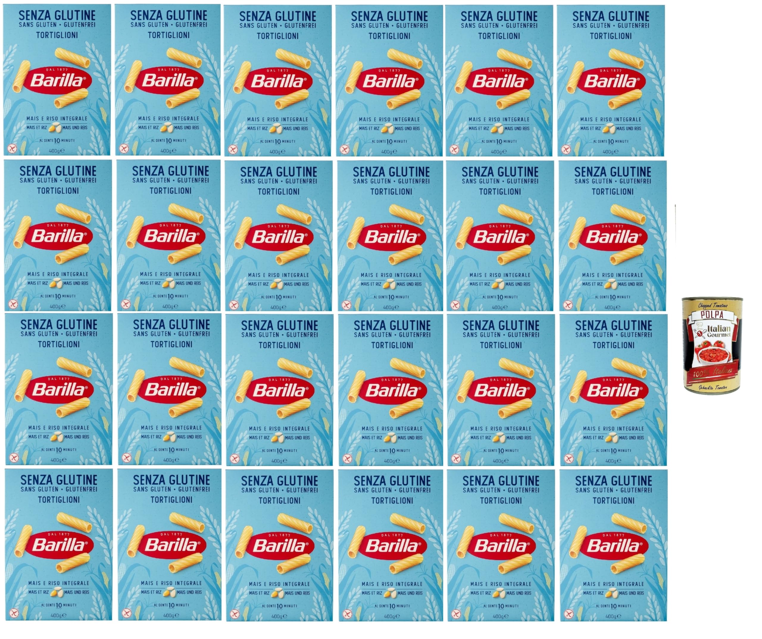 Italian Gourmet Tortiglioni Pasta Senza Glutine 24 x 400g Mais Reis Vegan | Trafilata per tenuta al dente, laktosefrei und kochstabil, ideal mit Sugo, Gesamtnettogewicht 9,6 kg + Kostenlos Polpa 400g