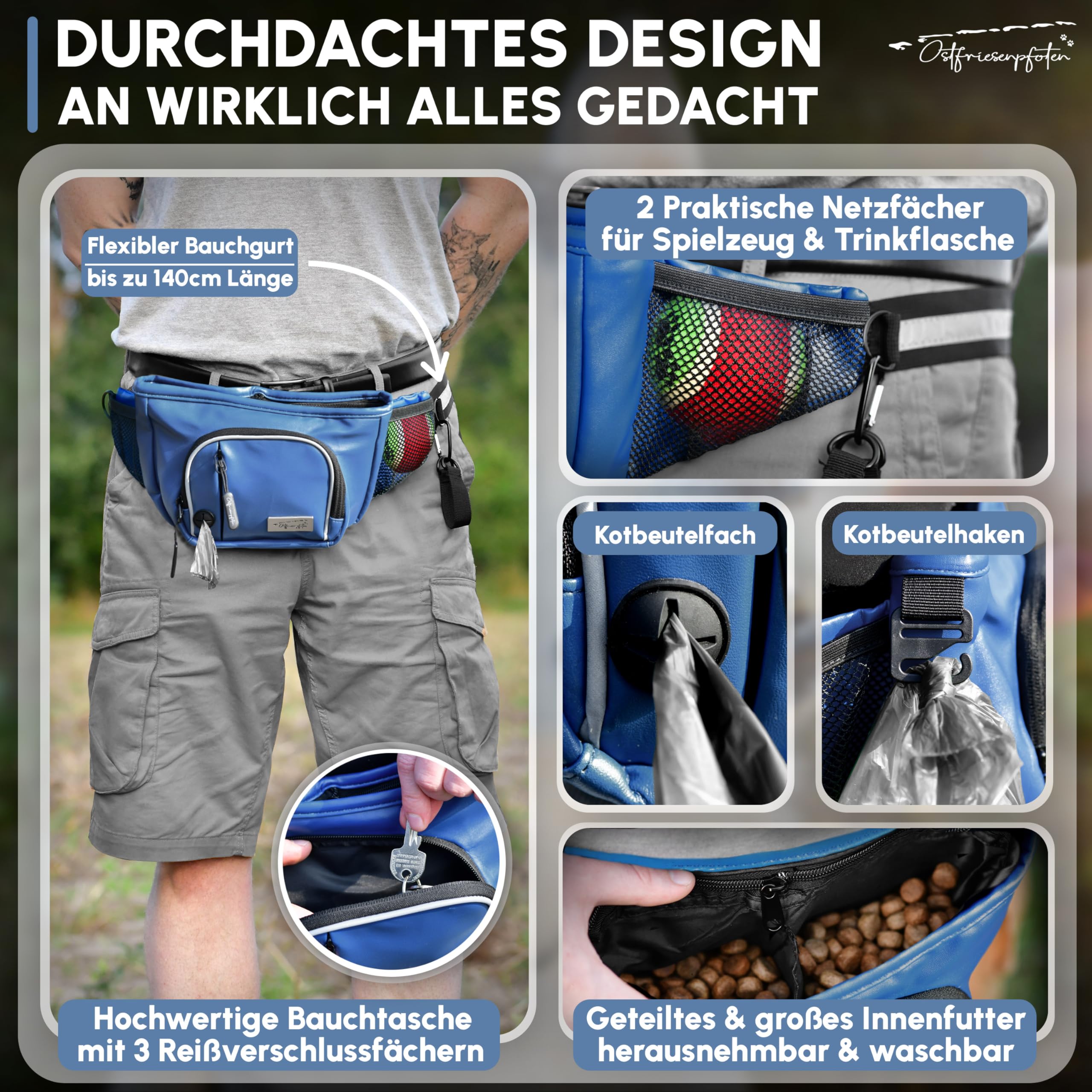 Leckerli-Bauchtasche 'Talea' für Hunde aus Kunstleder mit Einhandmagnetverschluss - Leckerlibeutel inkl. wechselbarem Innenfutter - Bauchtasche für Hundezubehör - Dunkelblau