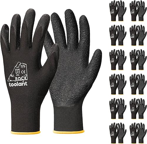 toolant Guantes de trabajo de látex arrugado a granel, guantes de seguridad con revestimiento de goma para hombres y mujeres, 12 pares para Negro