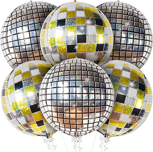 KatchOn, Globos grandes de bola de discoteca multicolor de 22 pulgadas, paquete de 6, decoraciones de fiesta de discoteca, globos de discoteca 4D