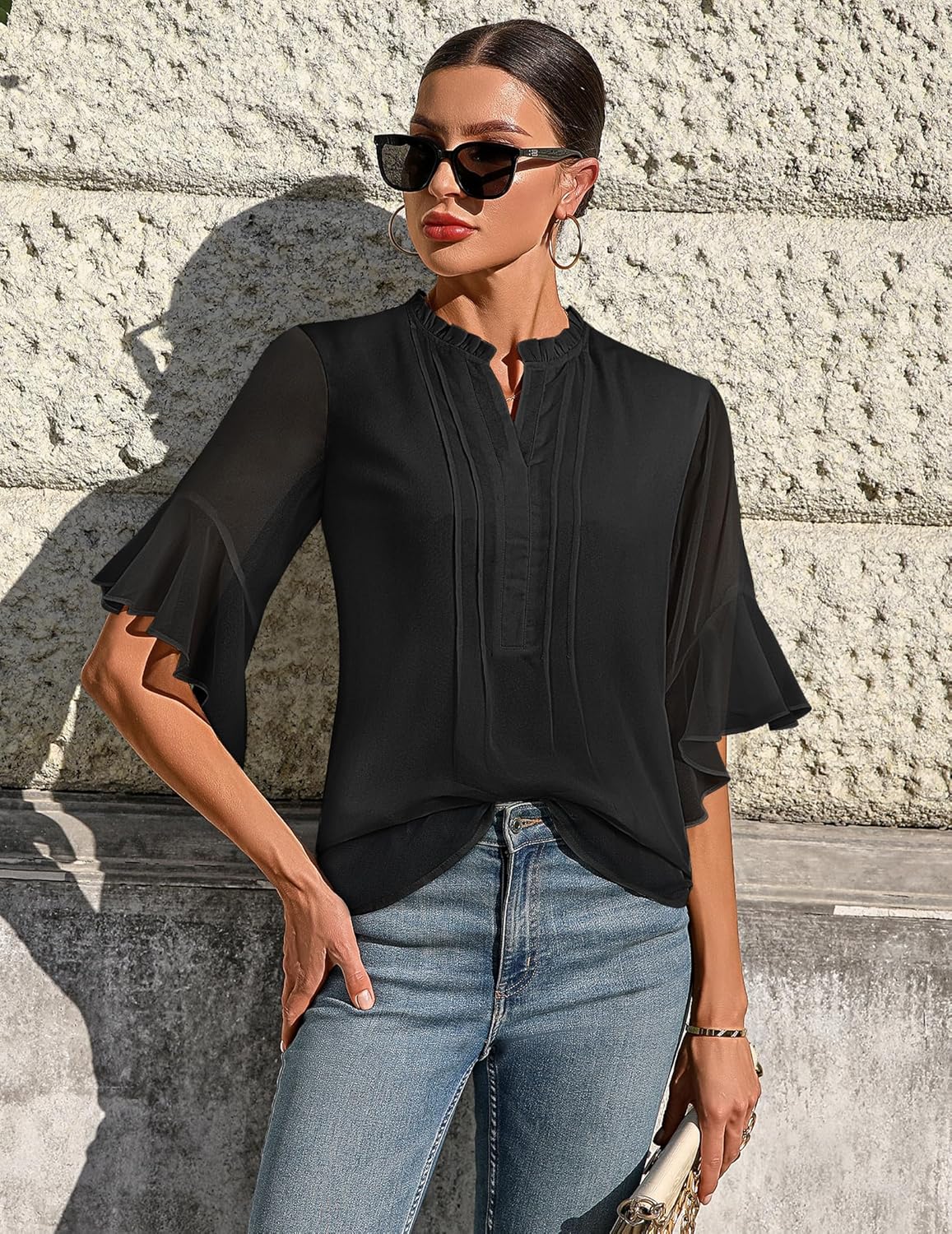 Women's 3/4 Sleeve Tops Dressy Casual V Neck Ruffle Sleeve Chiffon Blouses Shirts - Image 5