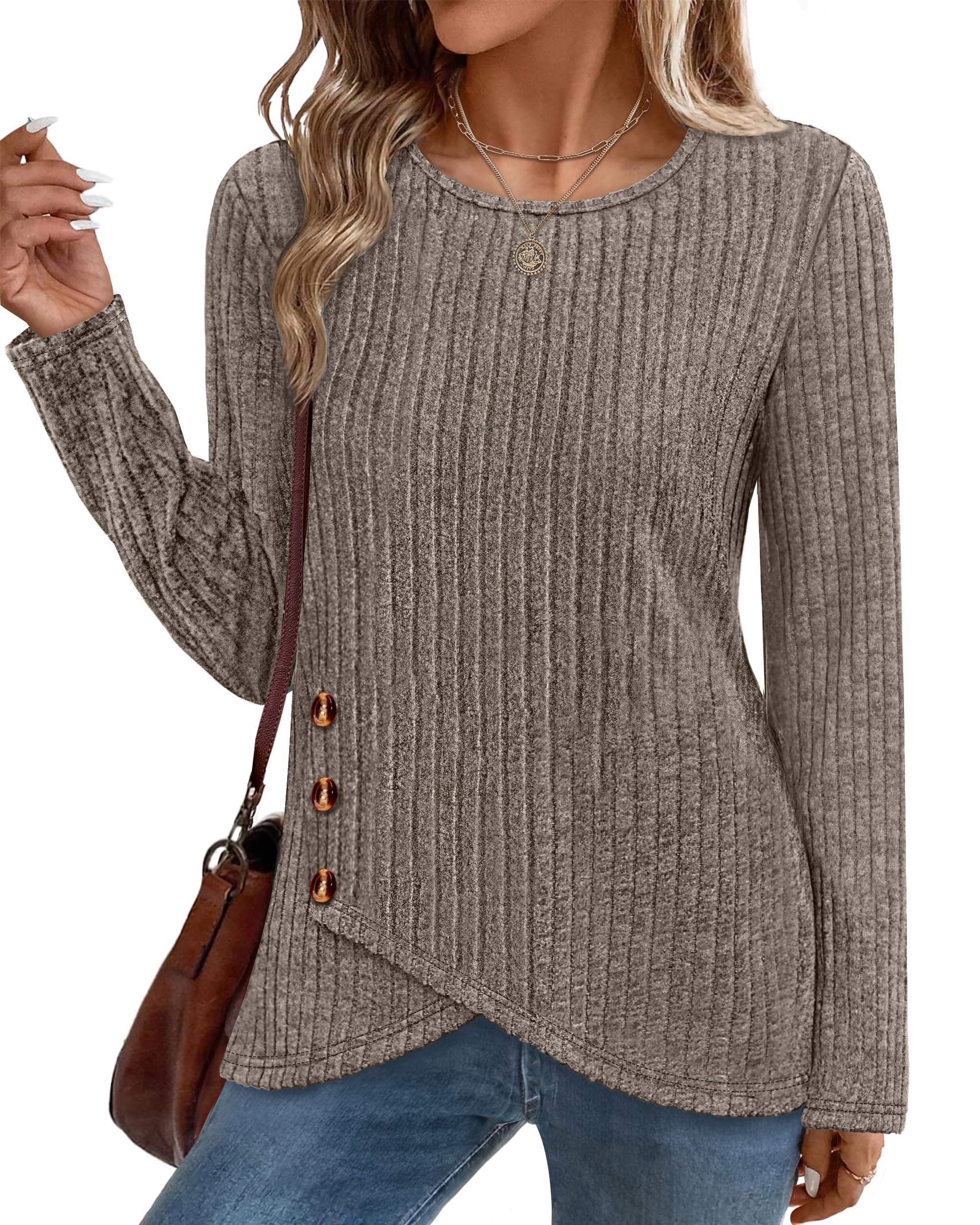 XIEERDUO Tunic Sweaters for Women Long Sleeve Shirts Crew Neck Tops with Buttons Fall Fashion Outfits Winter Clothing