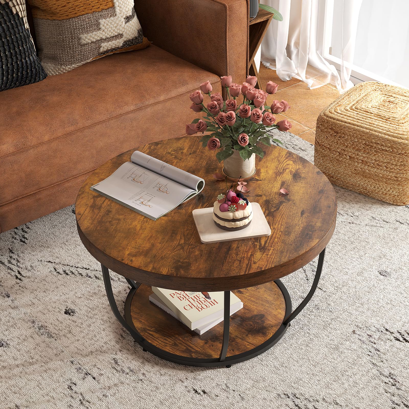 COSTWAY Couchtisch rund, Sofatisch Holz mit 2 Ebenen & Metallrahmen, Wohnzimmertisch Kafeetisch 80 cm D für Wohnzimmer, Empfangsraum, Büro (Rustikales Braun)