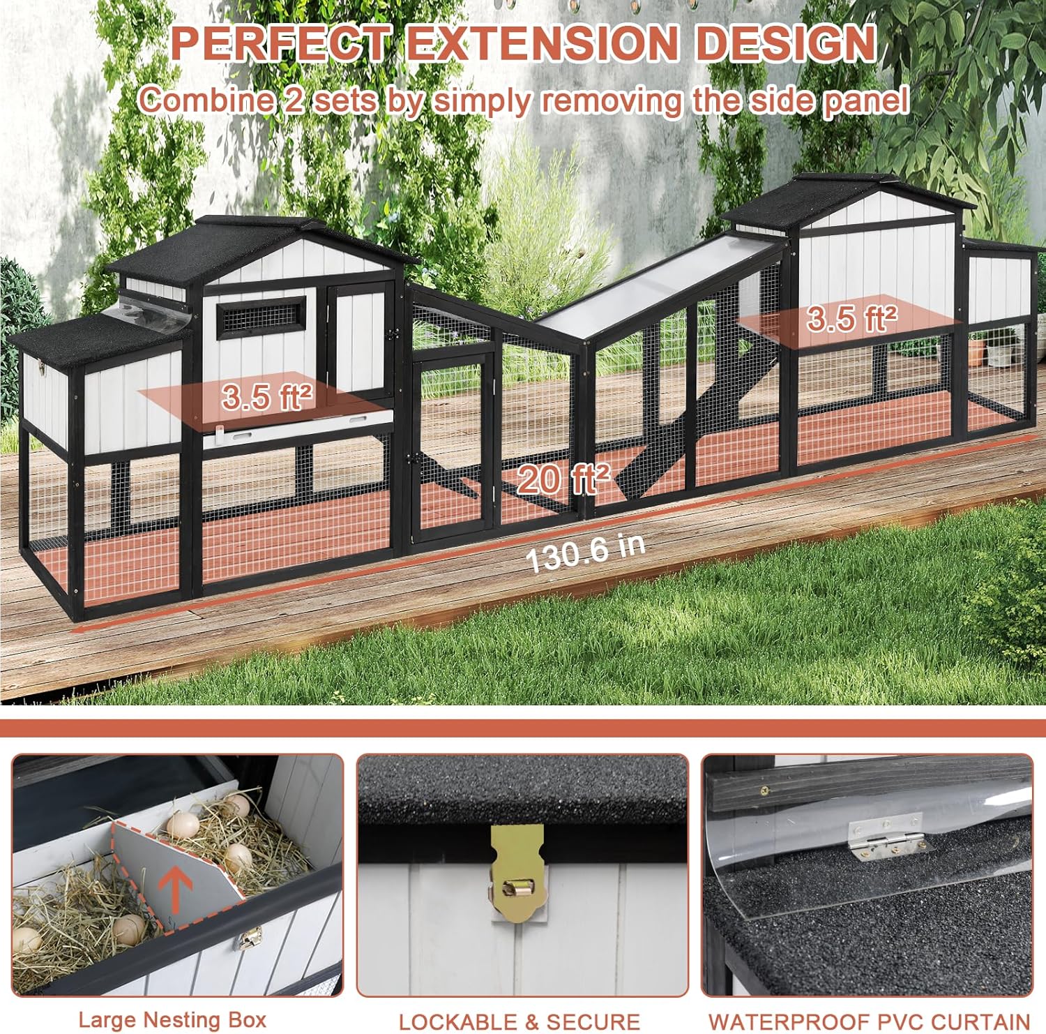 Ketive 130.6" L Large Chicken Coop and Run, Wooden Hen House for 6-8 Chickens, 2 Story Poultry Cage with Nesting Box, Pull-Out Tray, 4 Perches, Ramp, Indoor/Outdoor Pet Hutch Backyard Use, Black