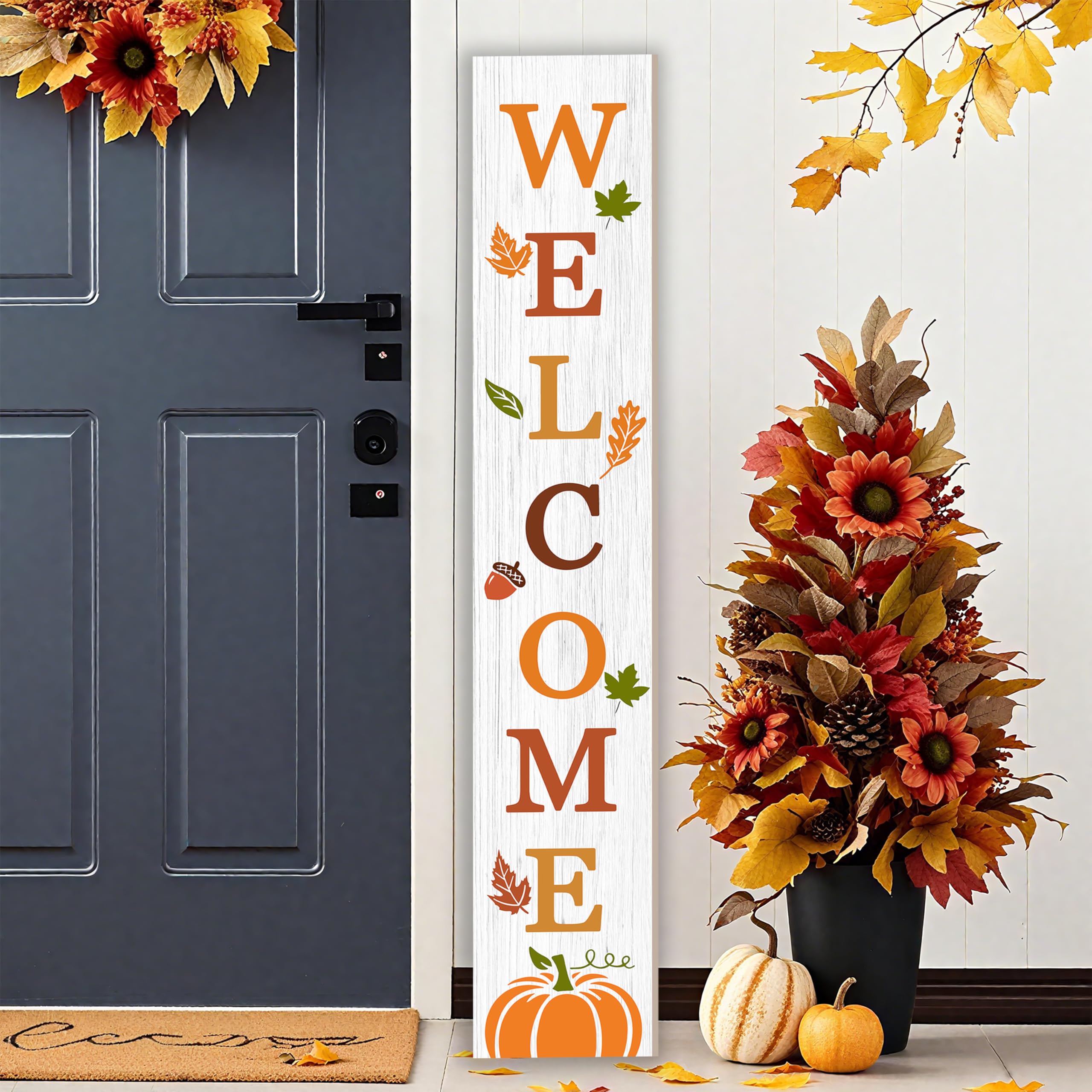 Fall Wooden Porch Sign 47" Thanksgiving Day Large Welcome Porch Sign for Pumpkin Sign Home Front Door Yard Autumn Party Decor