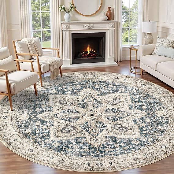 Tortania 6' Round Area Rug Living Room Rugs - Washable Boho Rug Vintage Oriental Distressed Farmhouse Large Thin Indoor Carpet for Bedroom Under Dining Table Home Office - Cream/Blue