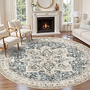 Tortania 8' Round Area Rug Living Room Rugs - Washable Boho Rug Vintage Oriental Distressed Farmhouse Large Thin Indoor Carpet for Bedroom Under Dining Table Home Office - Cream/Blue