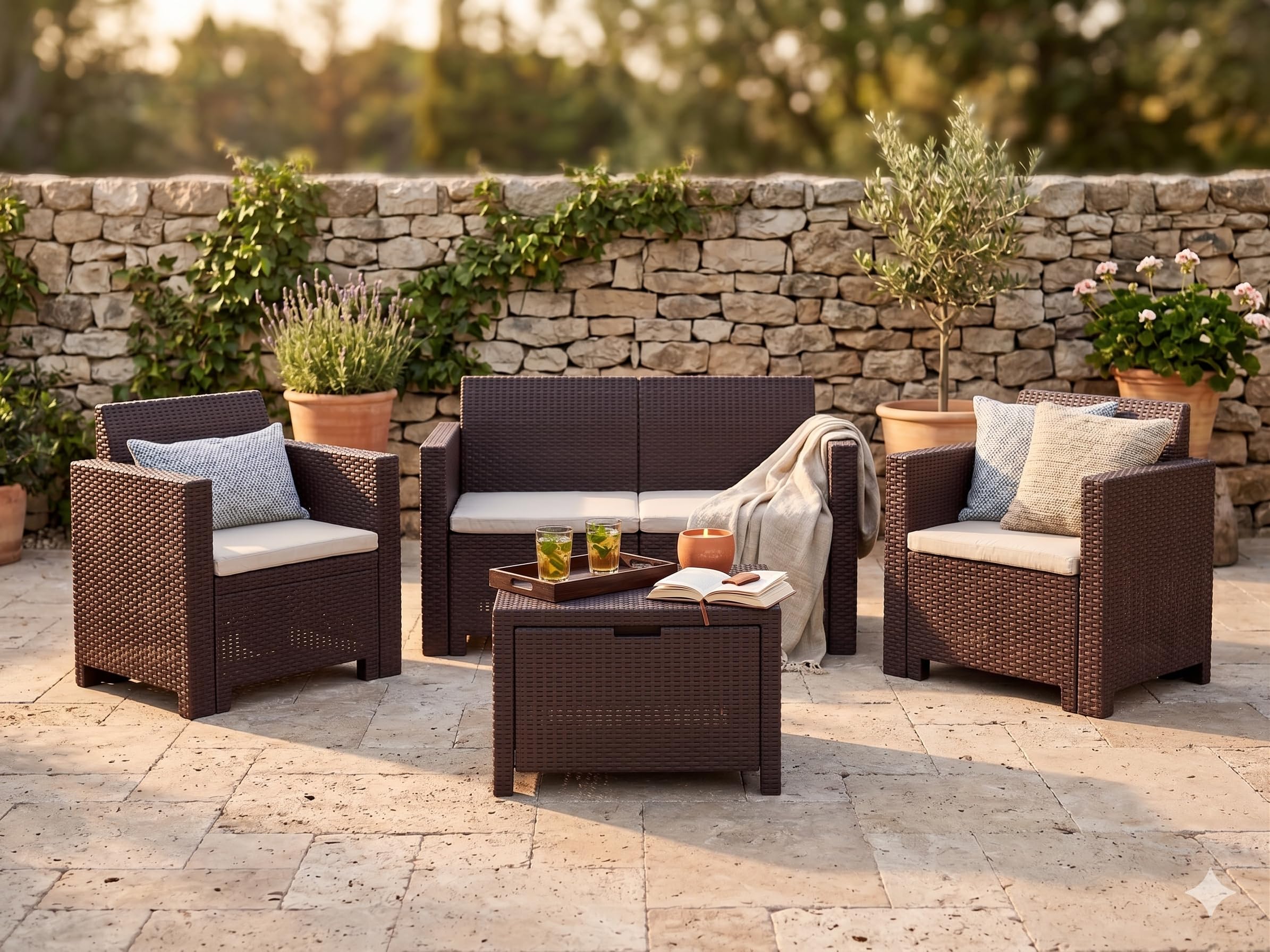 BERARDI Salon de jardin en polypropylène rotin, marron, 4 places, avec coussins, canapé, 2 fauteuils et table basse de rangement