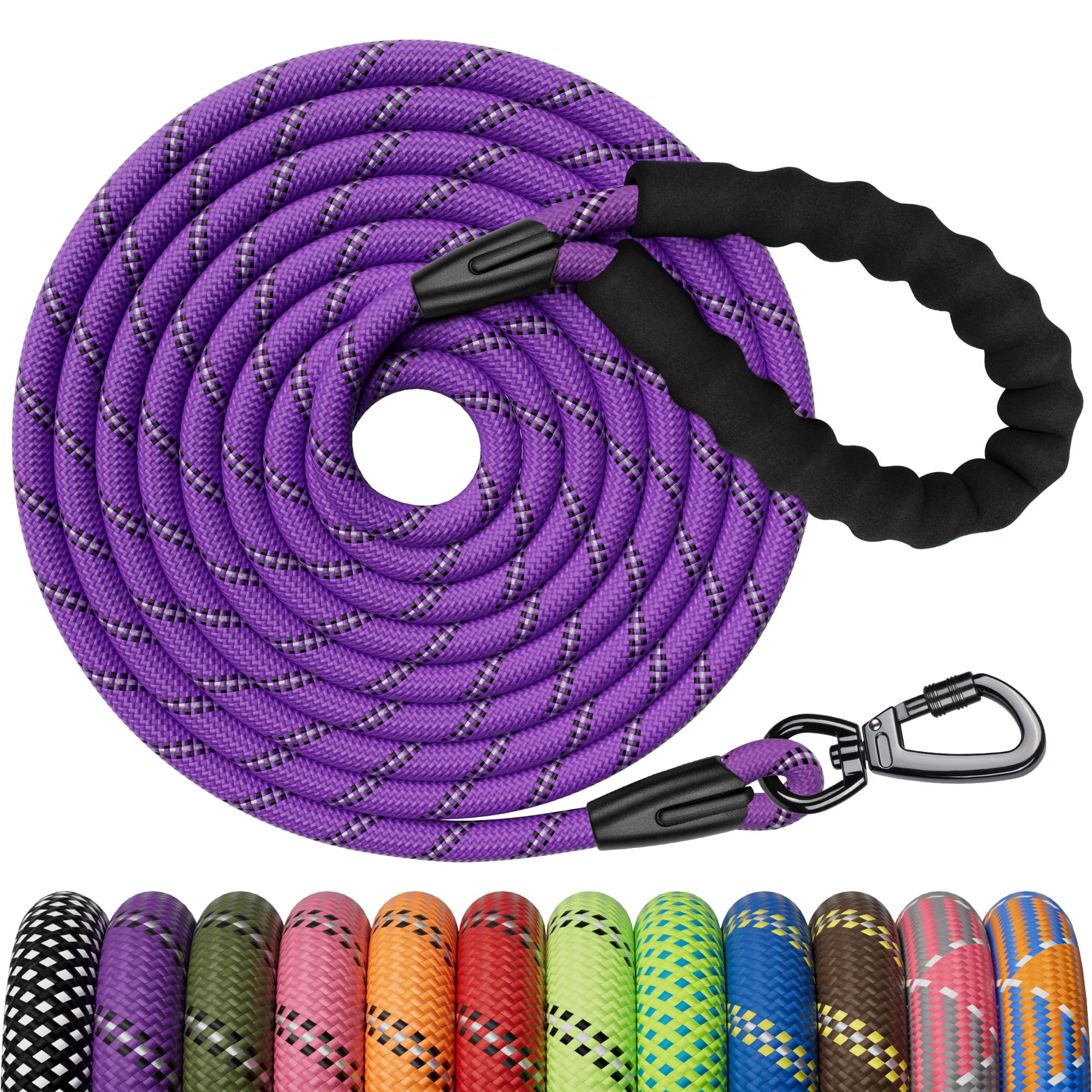 Kdsvakd Training Lead for Dogs, 3m / 10ft Dog Rope Lead with Carabiner Clip and Padded Handle, Reflective Recall Puppy Leash for Puppy, Small, Medium, Large Dog, Purple