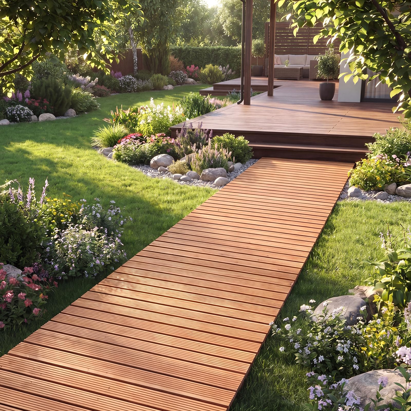 COSTWAY Sentiero da Giardino in Legno, Passerella Decorativa da Esterno, Superficie Antiscivolo, Collegamento con Fili Metallici, Sentiero Arrotolabile per Cortile e Spiaggia, 367 x 55 cm (Naturale)