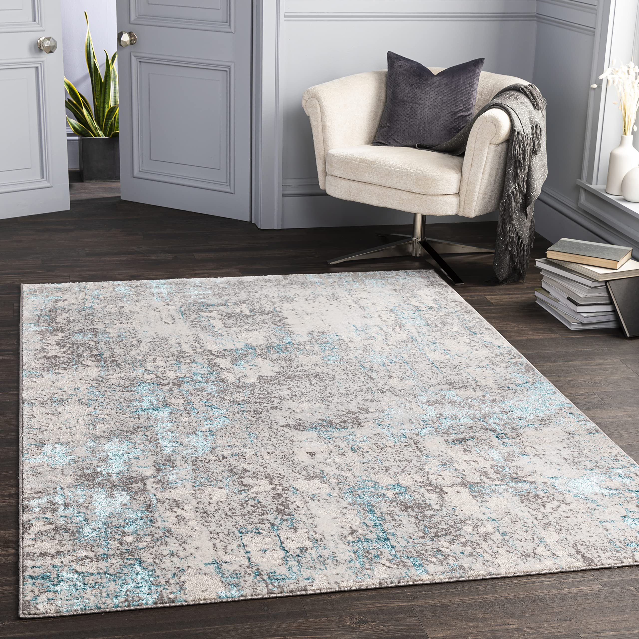 Surya Trento Abstract Rug - Area Rugs Living Room, Dining, Lounge, Bedside - Modern Marble Rug, Soft Luxurious Easy Care Medium Pile - Large Rug 200x274cm Grey & Teal Rug