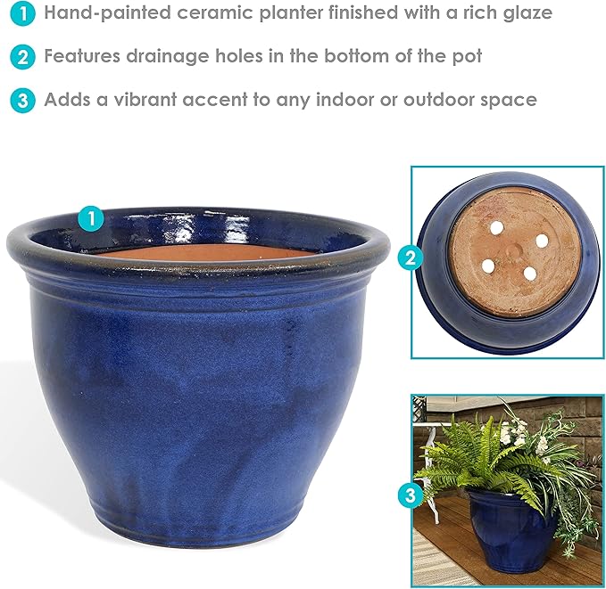 Whether you are looking to add some greenery to your living room, patio, or garden, the Sunnydaze Studio Large Ceramic Planter is a stylish and practical choice. With its durable construction, beautiful glazed finish, and versatile design, this planter is sure to enhance the beauty of your plants while adding a touch of elegance to your space. Description by ChatGPT.