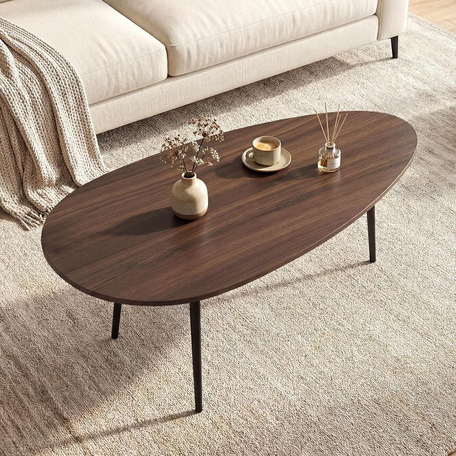 Giantex Oval Coffee Table Mid Century Modern Center Table with Sturdy Metal Frame and Compact Design Vintage Accent