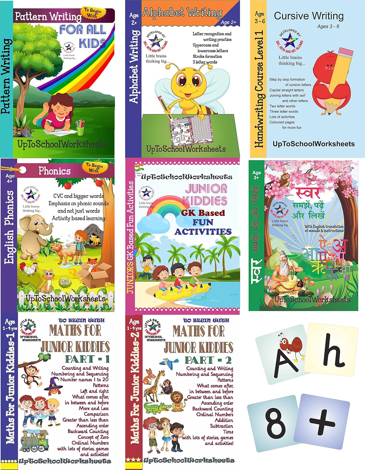 Set Of 7 Books Of Worksheets For Lower KG In All Subjects : Alphabet Writing – Small & Capital Letters, Phonetics – CVC Words, GK Based Fun Actvities, Hindi Math For Beginners, Numbers 1 To 20 – CBSE/ICSE