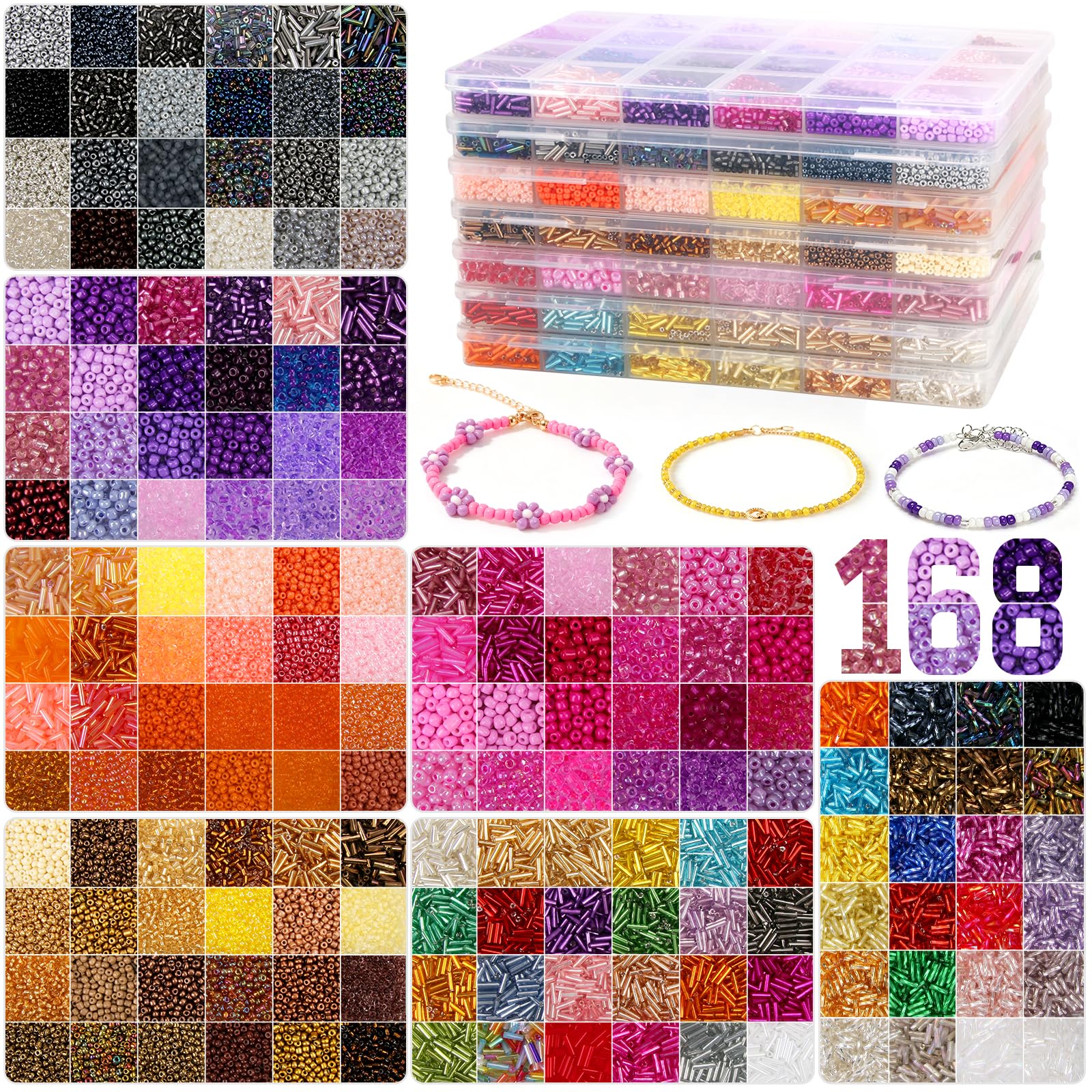 Kit de perles de rocaille en verre de 2 mm, 3 mm, 4 mm - 168 couleurs - 40