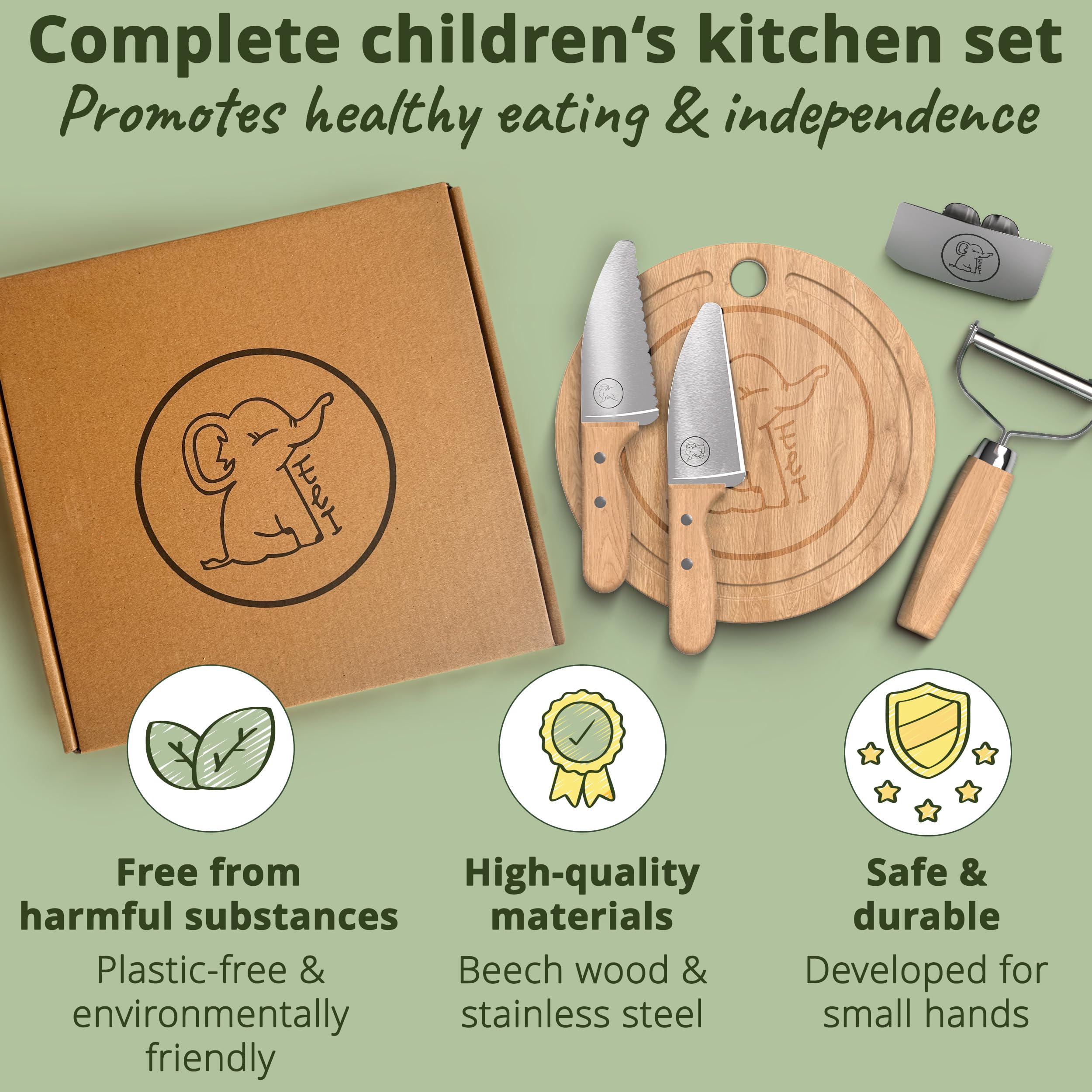 Eli® Cuchillos para niños - juego de cuchillos de cocina para niños seguro y de 5 piezas - incluye protector de dedos - pelador - tabla de cortar - acero inoxidable