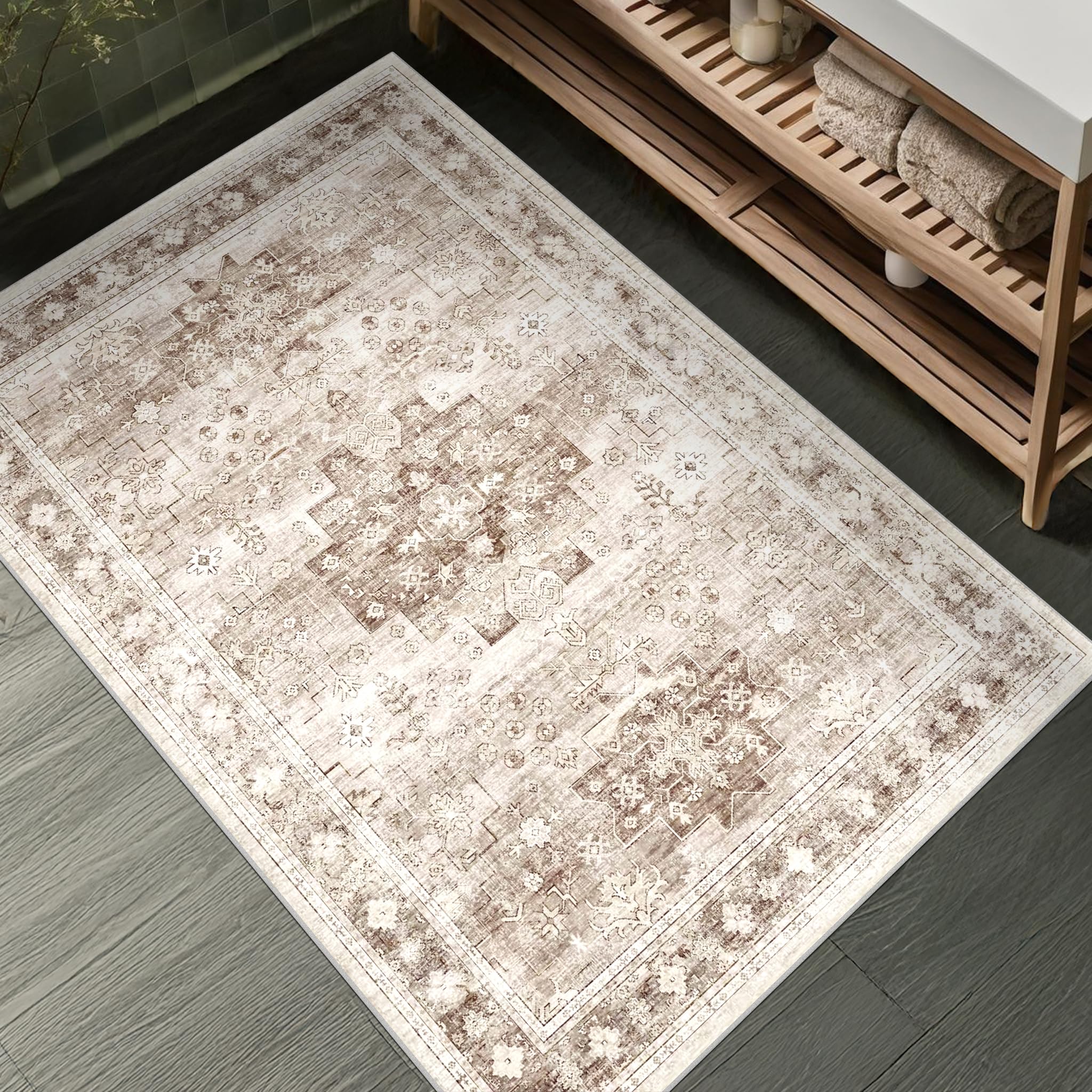 Boho Bathroom Rugs - Washable Non-Slip Soft Low Pile Area Rug for Entryway, Kitchen, and Indoor Spaces - Modern Farmhouse Design, Perfect for Boho Décor (2x3 Beige/Latte) — image 1