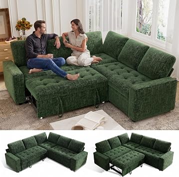 Vipbear 85 Inch Modular Sectional Sofa with Pull Out Bed, Chenille L Shaped 5 Seat Sectional Sofa with USB Ports/Reclining Backrest/Storage Seats, Tool-Free Assembly, Couches for Living Room Green