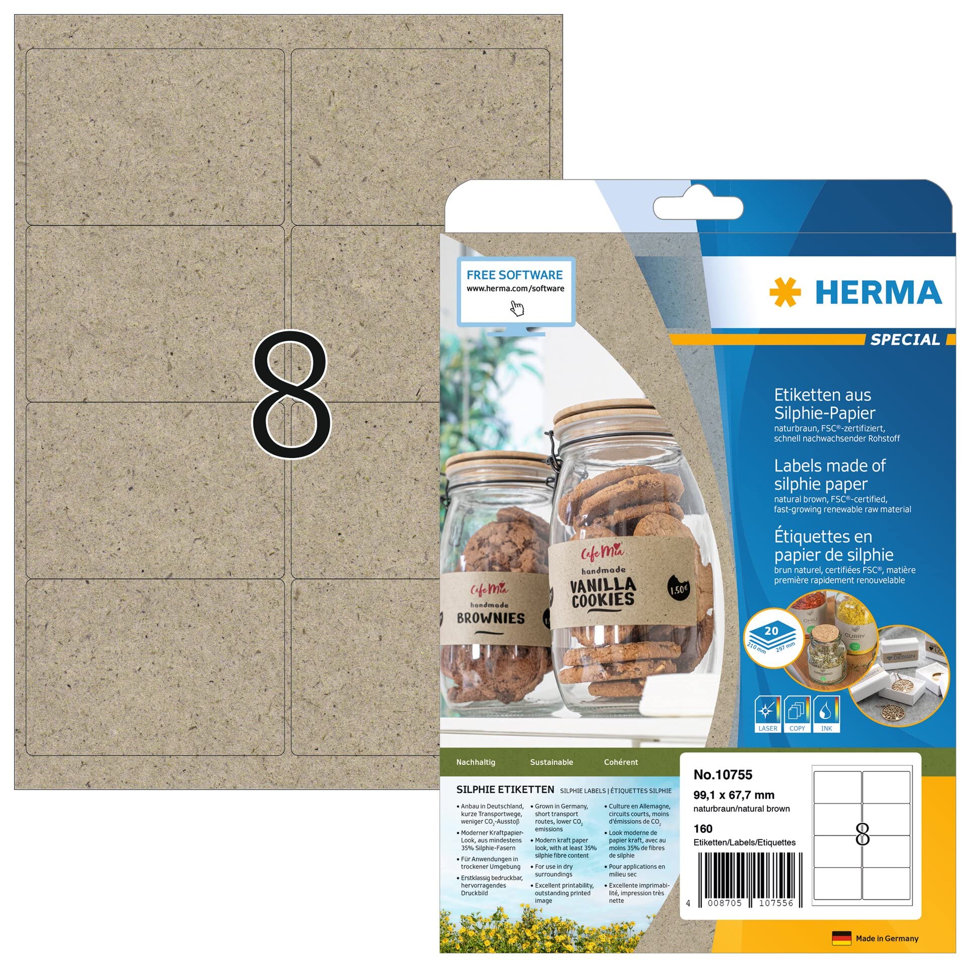 HERMA Self Adhesive Address Labels, 8 Labels per A4 Sheet, 20 Sheets, 99.1 x 67.7 mm, 160 Labels, Blank Mailing Labels Stickers, Sticky Silphie Labels for Laser & Inkjet Printer, Natural Brown