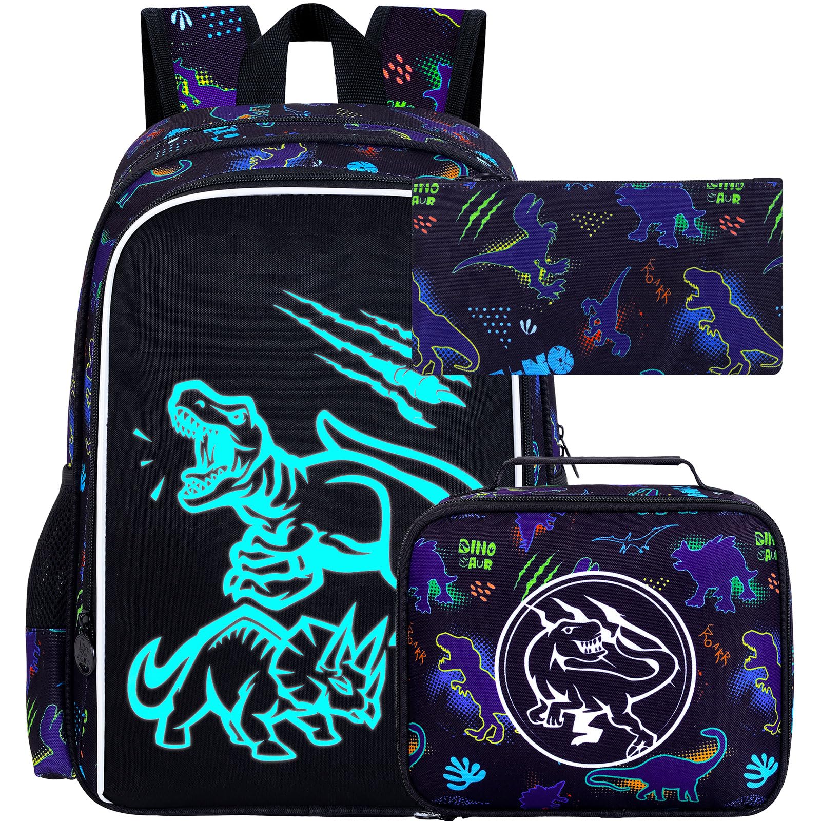 UFNDC 3PCS Boys Dinosaur Backpack, Kids Camouflage Bookbag with Lunch Box, 17" Water Resistant Teen Travel School Bag for Middle Elementary