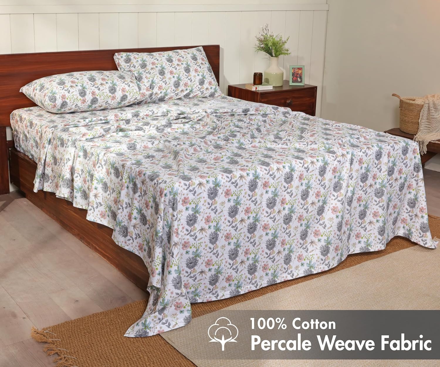 ruvanti 100% cotton sheets – king size percale bedding, cooling & breathable floral design, durable with a crisp, soft & comfortable feel, 16" deep pocket, 4-piece set, dandelion field dandelion field king