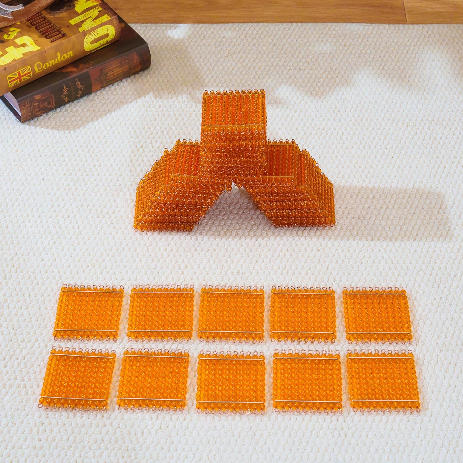 Premium Montessori Golden Bead Squares – 45 Acrylic Hundred Squares with Copper Wire, Math Manipulative for Decimal System, Place Value & Multiplication, Homeschool Classroom Ages 4-9