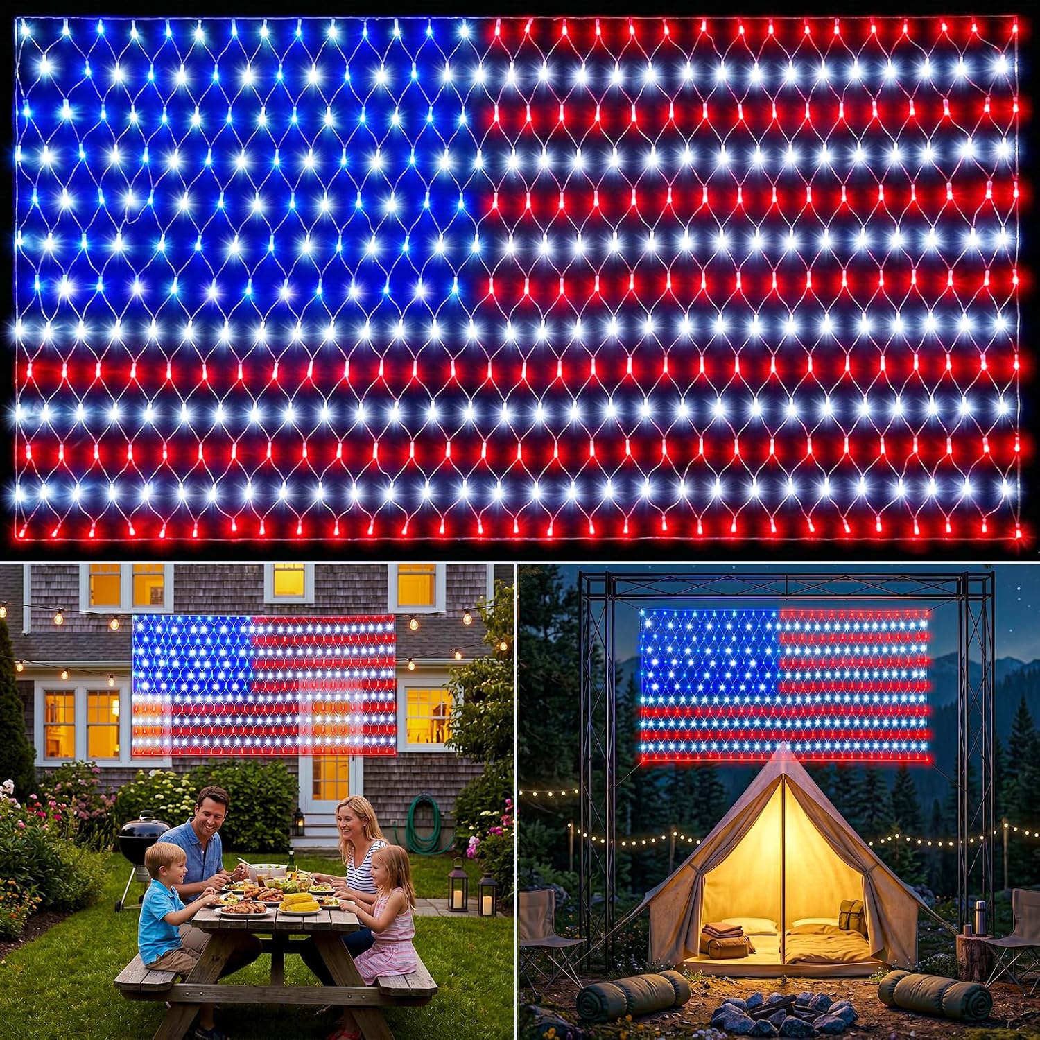 American Flag Lights, Plug In US Flag Net Lights Outdoor, 390 LED Waterproof American Flag String Lights for Outdoor, 4th of July, Independence Day, Camping, Party Decorations (Red White and Blue)