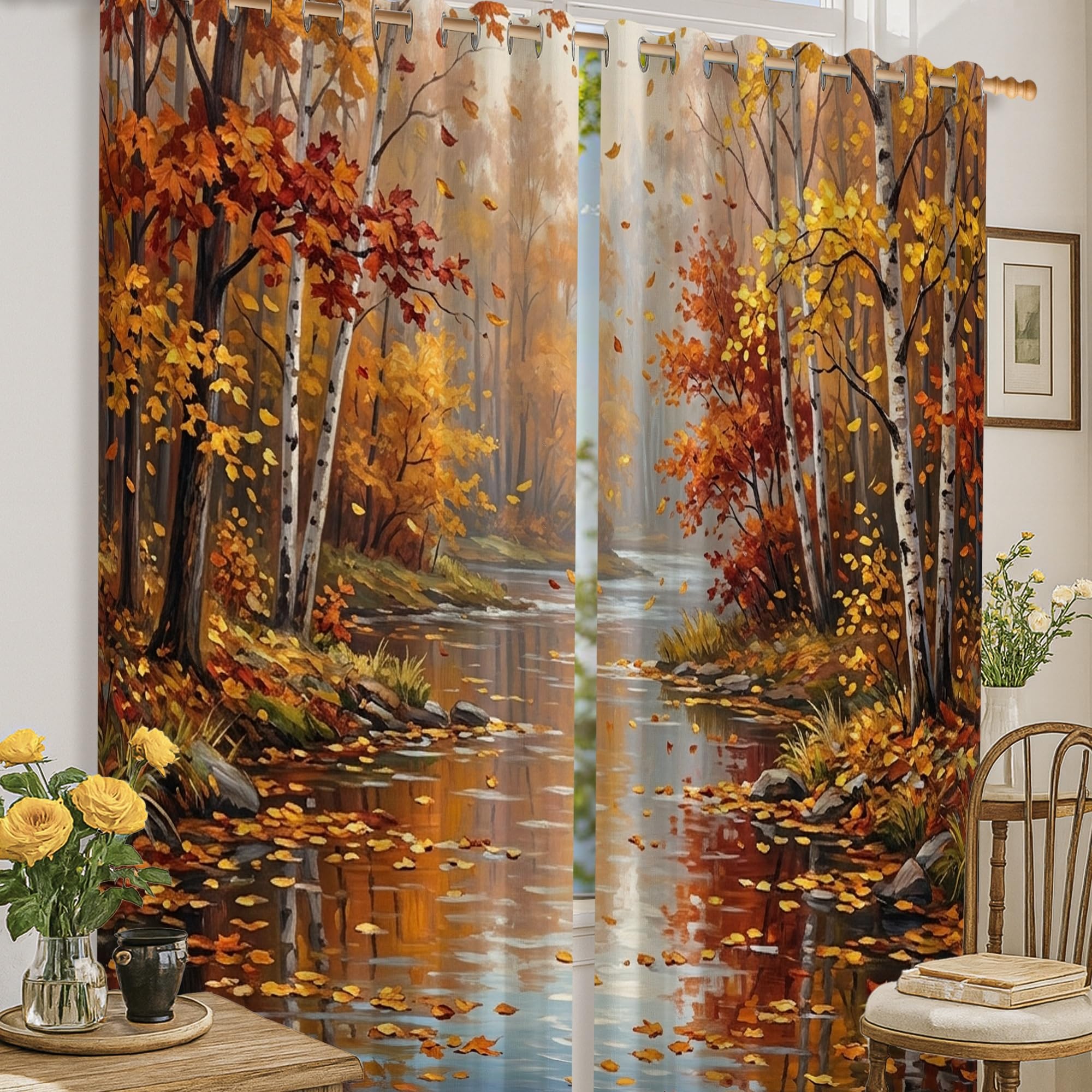 Rideaux occultants motif automne orange et rivière nature pour salon 132x160cm