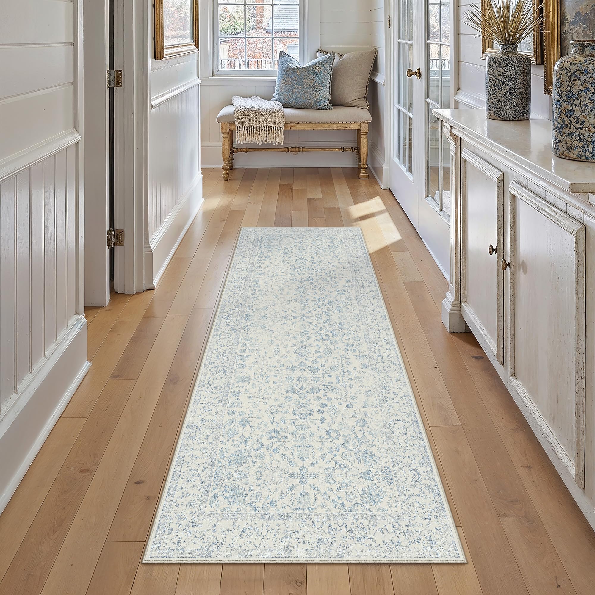 PureCozy Blue 2.6x12 Runner Rug Washable Hallway Non Slip Kitchen Vintage