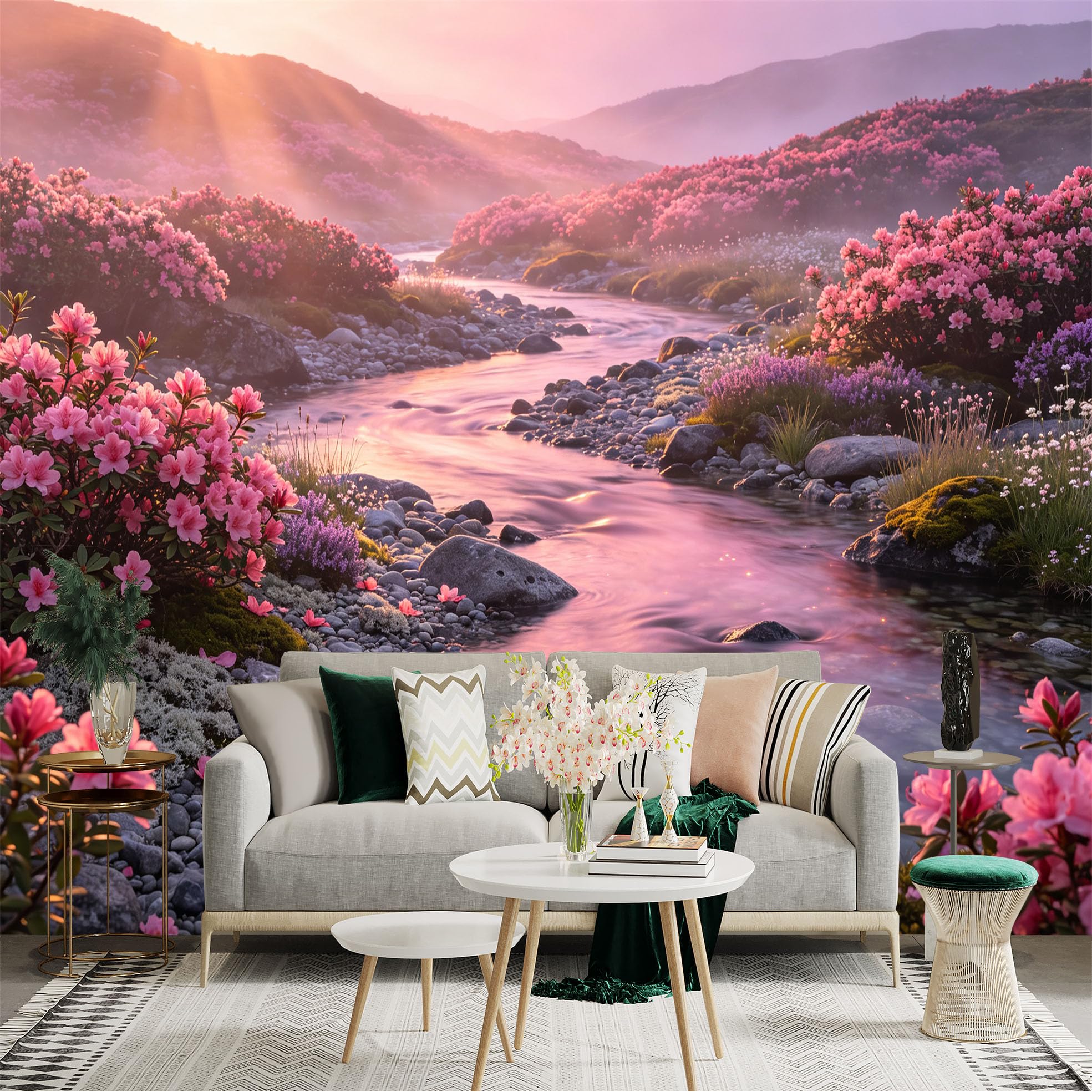 Lnzczhyre Bh260719742 Custom Size Wall Sticker Mural， Pink Floral Landscape With Flowing Stream， Sunset Scenery， For Wall Decoration， Peelandstick Wall Decals.