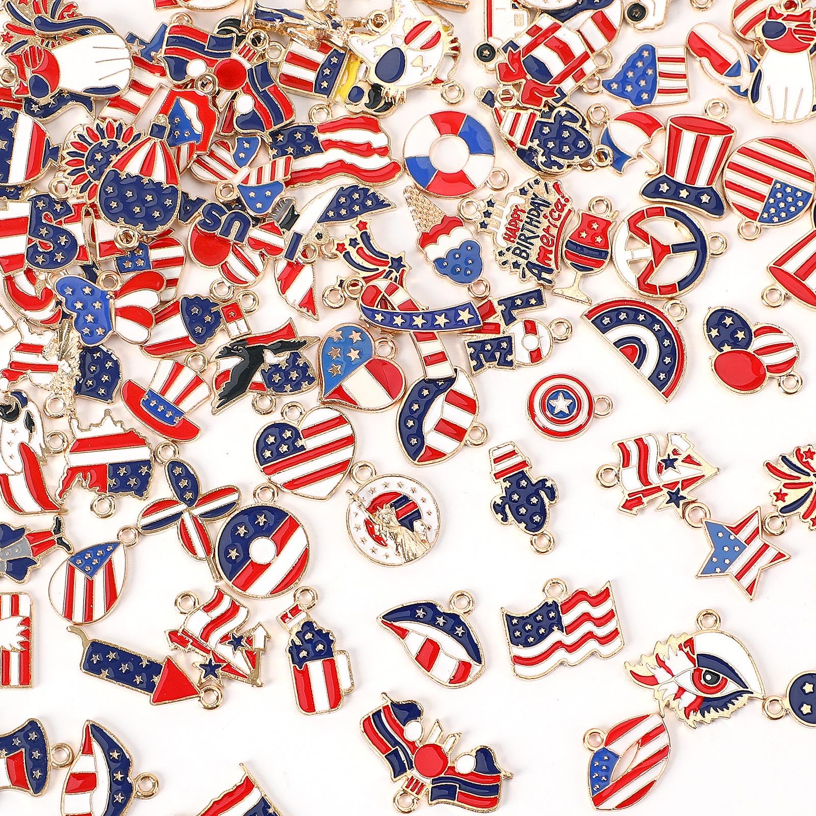 MARFOREVERMARFOREVER Patriotic 4th of July Charms, 120 Pcs Independence Day Red White Blue Jewelry Making Charms American Flag Memorial Day Enamel Pendants for Bracelets Necklaces Earrings Craft