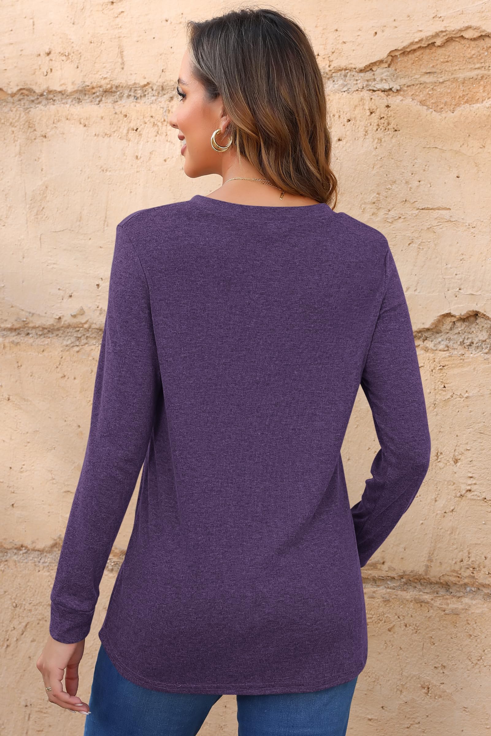AUSELILY Damen Pullover Langarm V-Ausschnitt Knopf Tunika Oberteile Henley Blusen Kausales Lose T Shirts