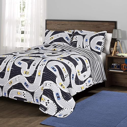 Lush Decor Car Tracks Quilt - Juego de ropa de cama reversible de 2 piezas para niños, tamaño individual, azul marino