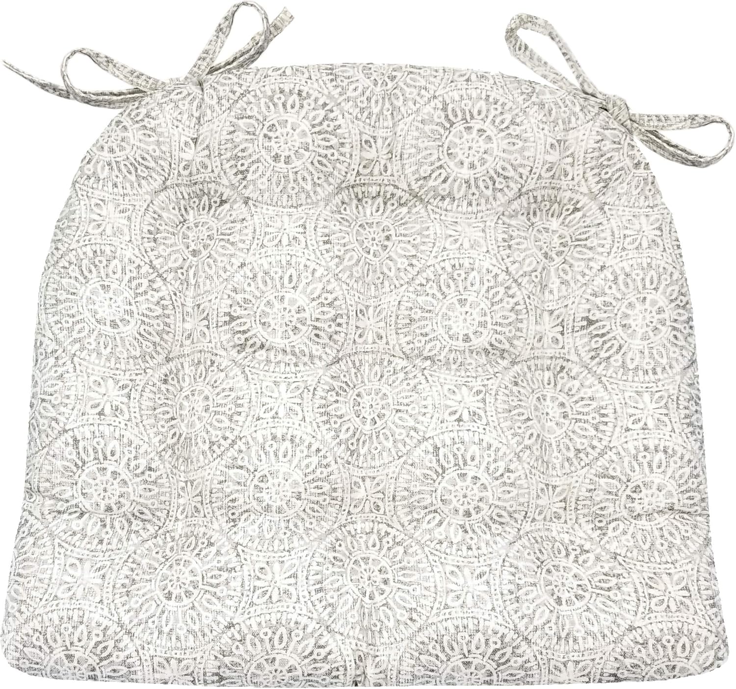 Barnett Home Decor Tibet Grey Dining Chair Pad with Ties - 15 x 17 Size Small Chair Cushion - Latex Foam Fill - Machine Washable, Reversible, 100% Cotton, Made in USA (Mandalas - Gray)