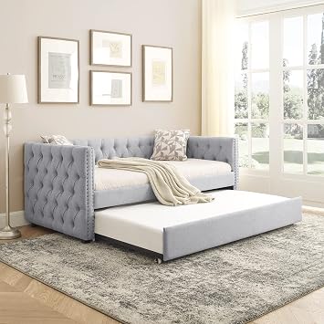 JEEOHEY Upholstered Daybed with Trundle, Modern Linen Fabric Twin Size Button Tufted Daybed Frame Sofa Bed, No Box Spring Needed, Space Saving, Light Grey