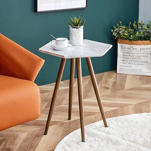 Miniatura 4 de Modern Minimalism White Faux Marble EndSide Table Small Accent Coffee Table with Dark Gold Metal Legs Hexagon Nightstand for Living RoomBedroom