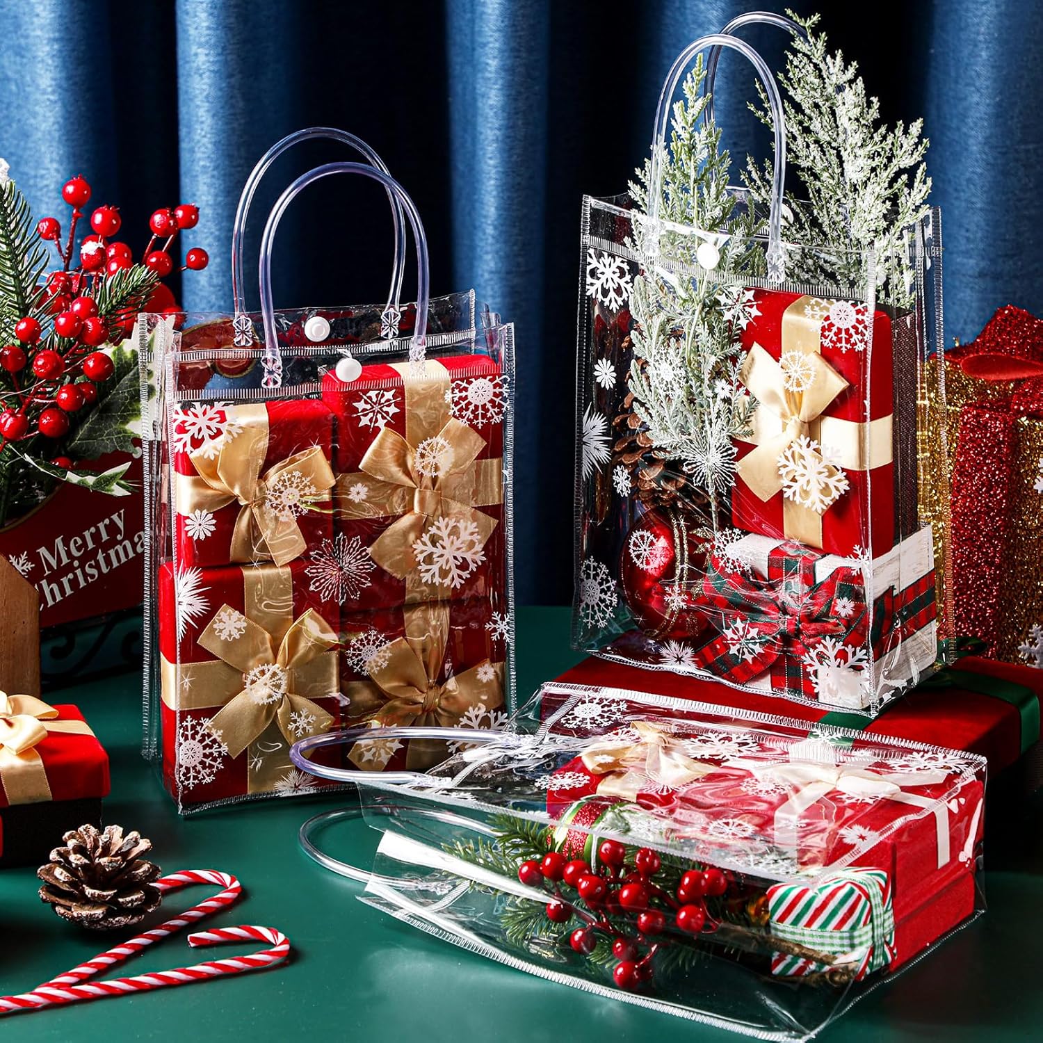 Gueevin 60 Pcs Christmas Clear Gift Bags with Handles Bulk Plastic Candy Treat Snowflake Party Gift Bags PVC Wine Tote for Wedding Birthday Party Favor(9.06 x 6.69 x 3.15 Inch) - Image 3