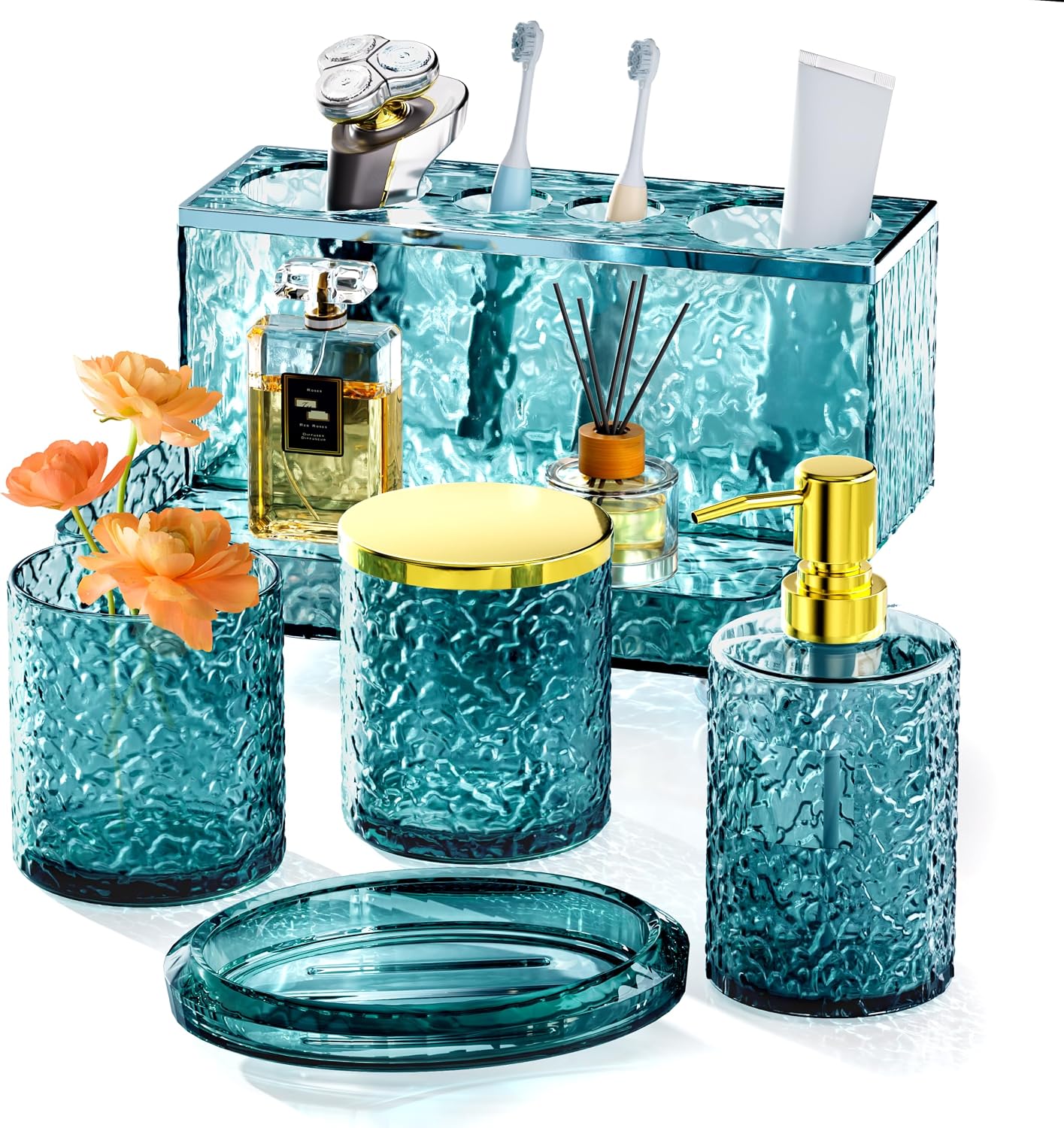 Blue Glass Bathroom Accessories Set 5 Pcs Soap Dispenser Toothbrush Holder | Sink Countertop Organizer Tray, Liquid Soap Dispenser with Gold Pump, Cotton Swab Jar, Tumbler, Soap Dish for Restroom Decor